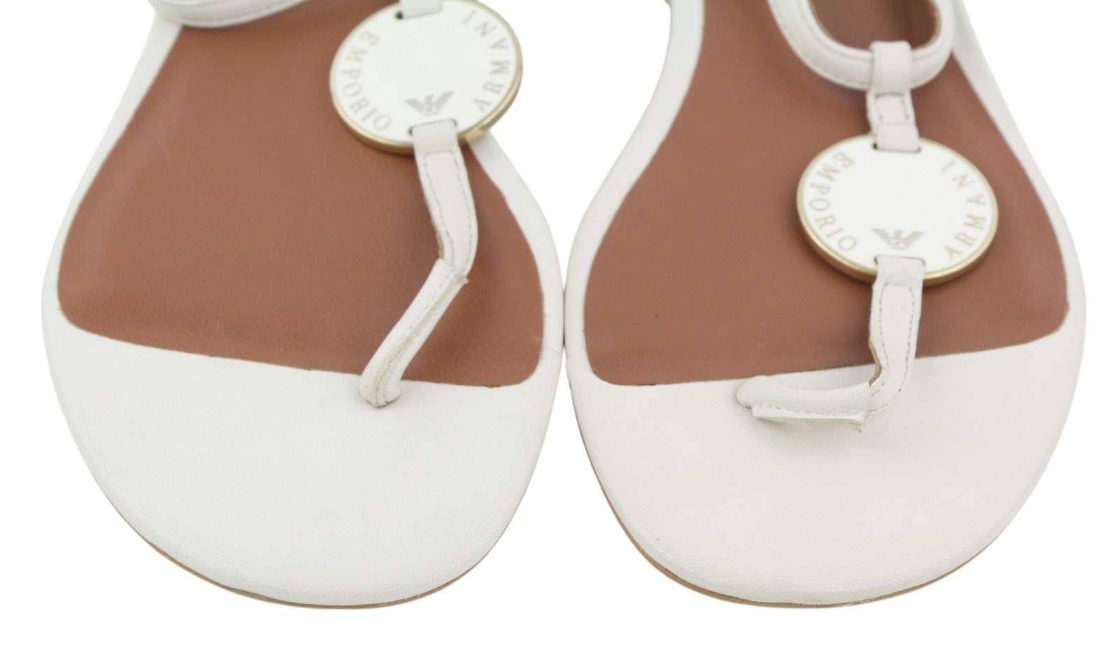 EMPORIO ARMANI X3Q065 Women Sandals EU37 White Leather Flat Logo Print RRP212