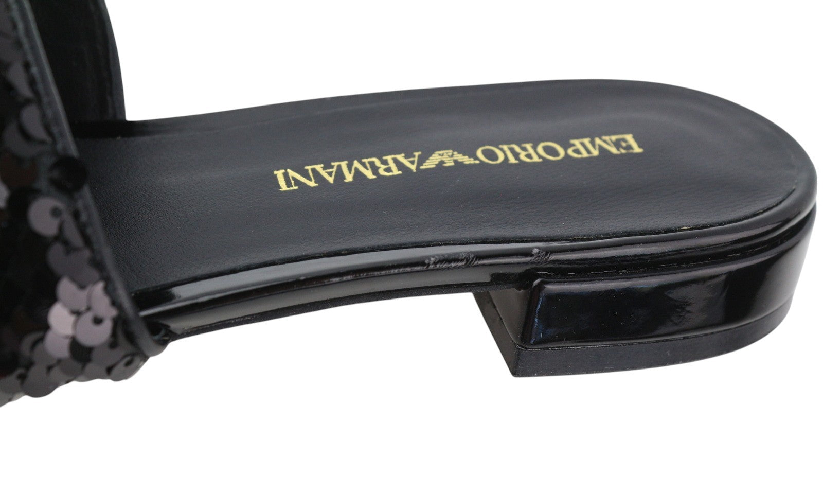 EMPORIO ARMANI X3P699 Women Flats EU37 Black Shiny Sequin Open Toe RRP262