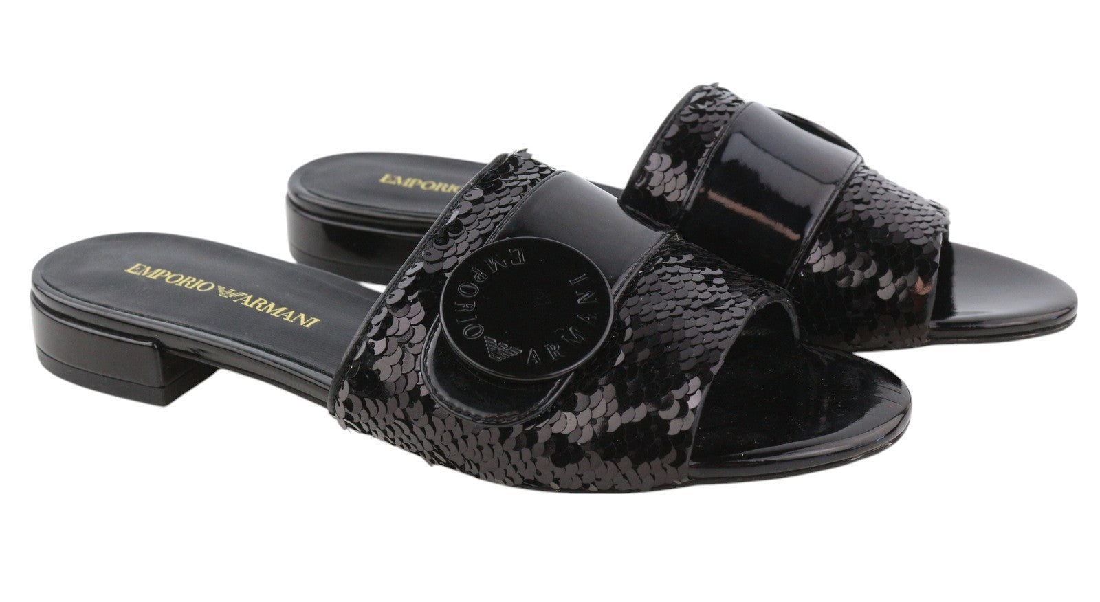 EMPORIO ARMANI X3P699 Women Flats EU37 Black Shiny Sequin Open Toe RRP262
