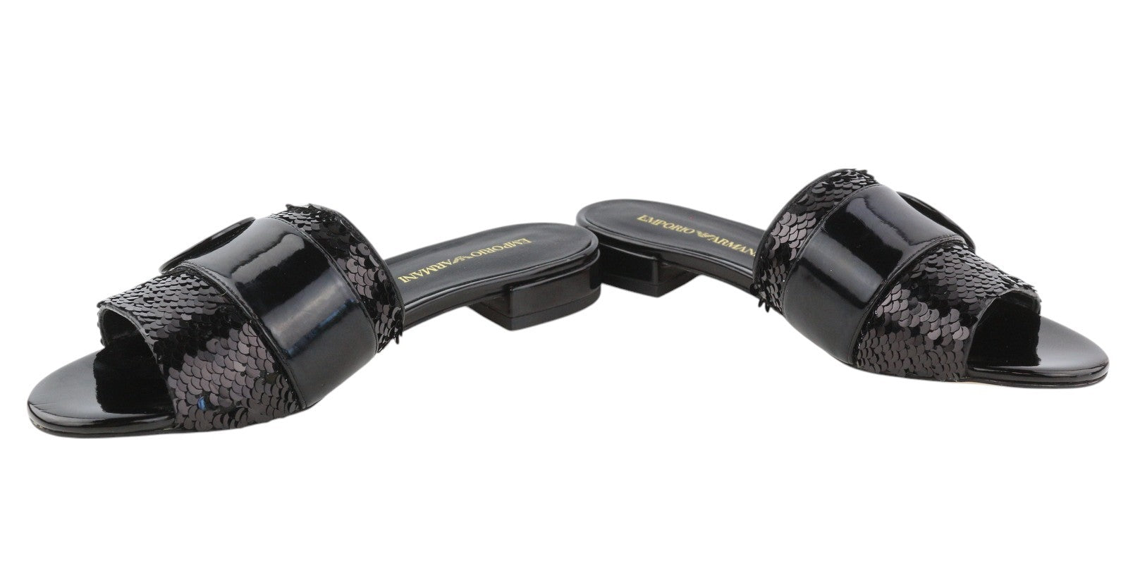 EMPORIO ARMANI X3P699 Women Flats EU37 Black Shiny Sequin Open Toe RRP262