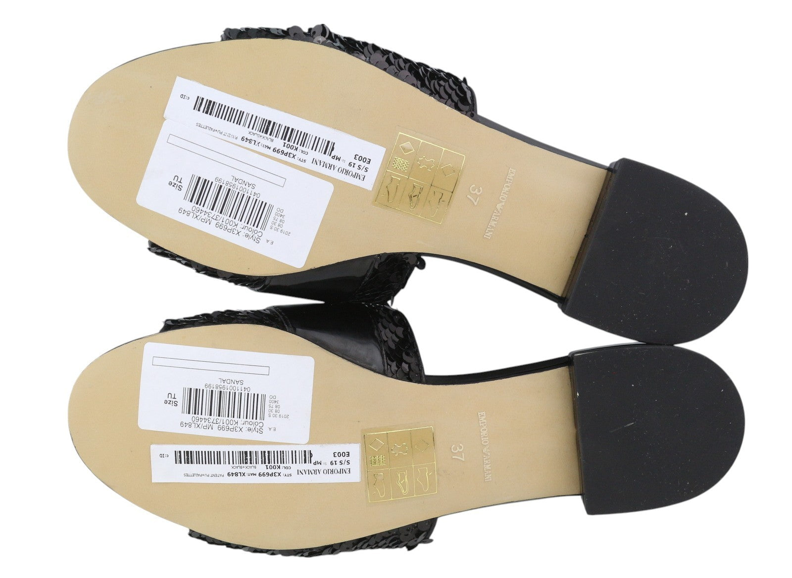 EMPORIO ARMANI X3P699 Women Flats EU37 Black Shiny Sequin Open Toe RRP262