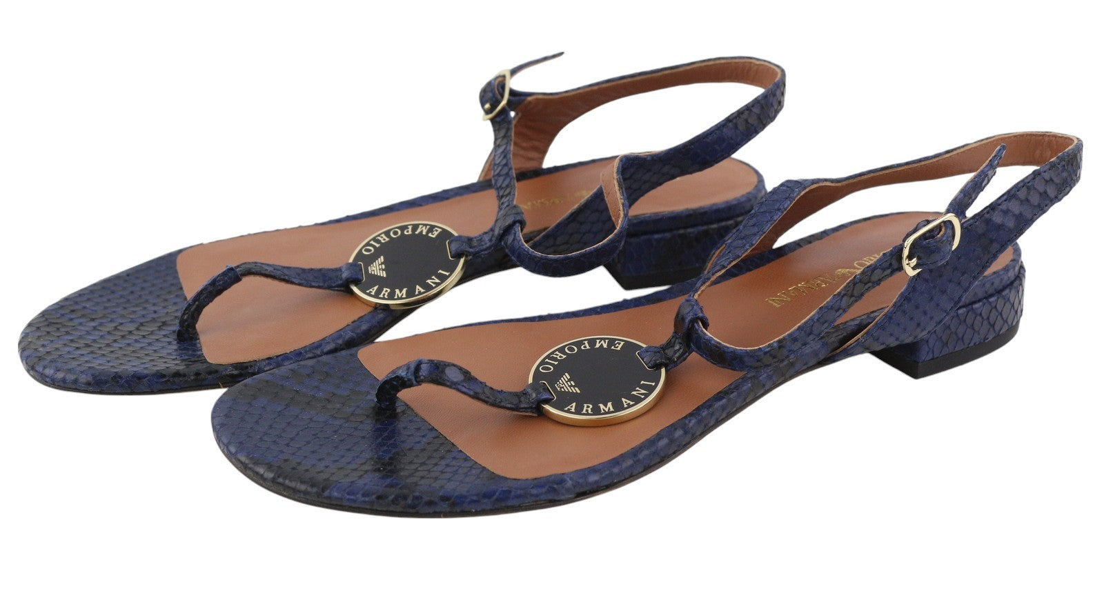 EMPORIO ARMANI X3Q065 Women Sandals EU37 Blue Leather Flat Logo Print RRP212