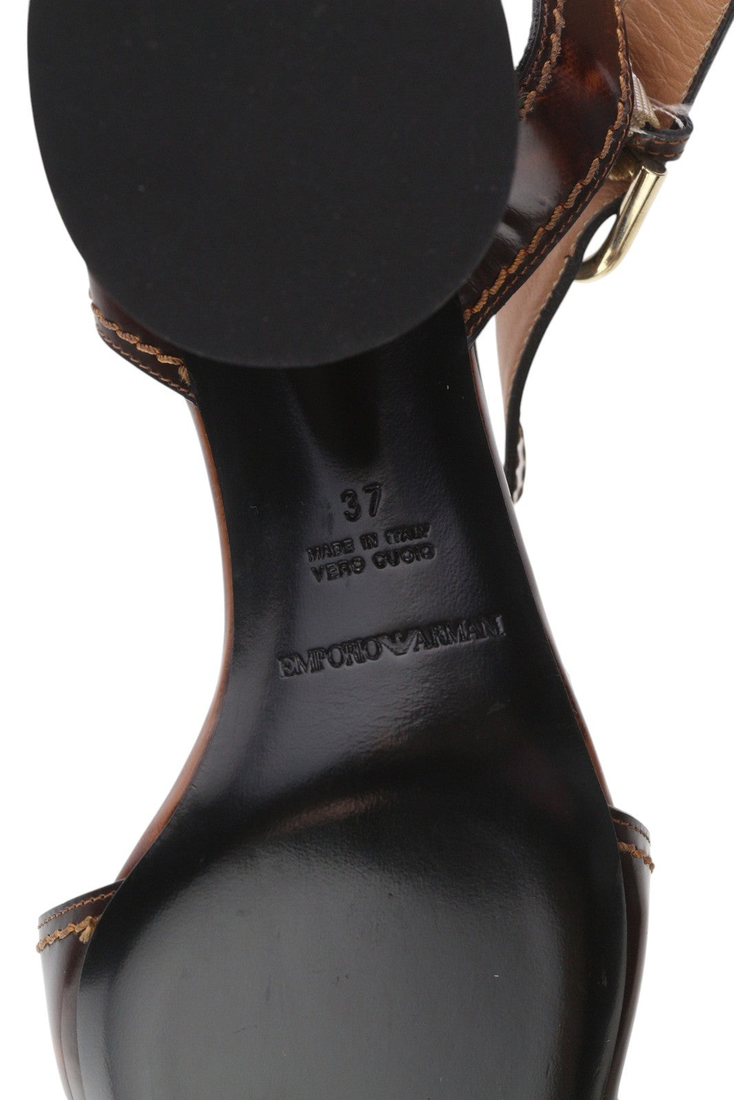 EMPORIO ARMANI Women Heels EU37 Brown Leather Block Heel Buckle Casual