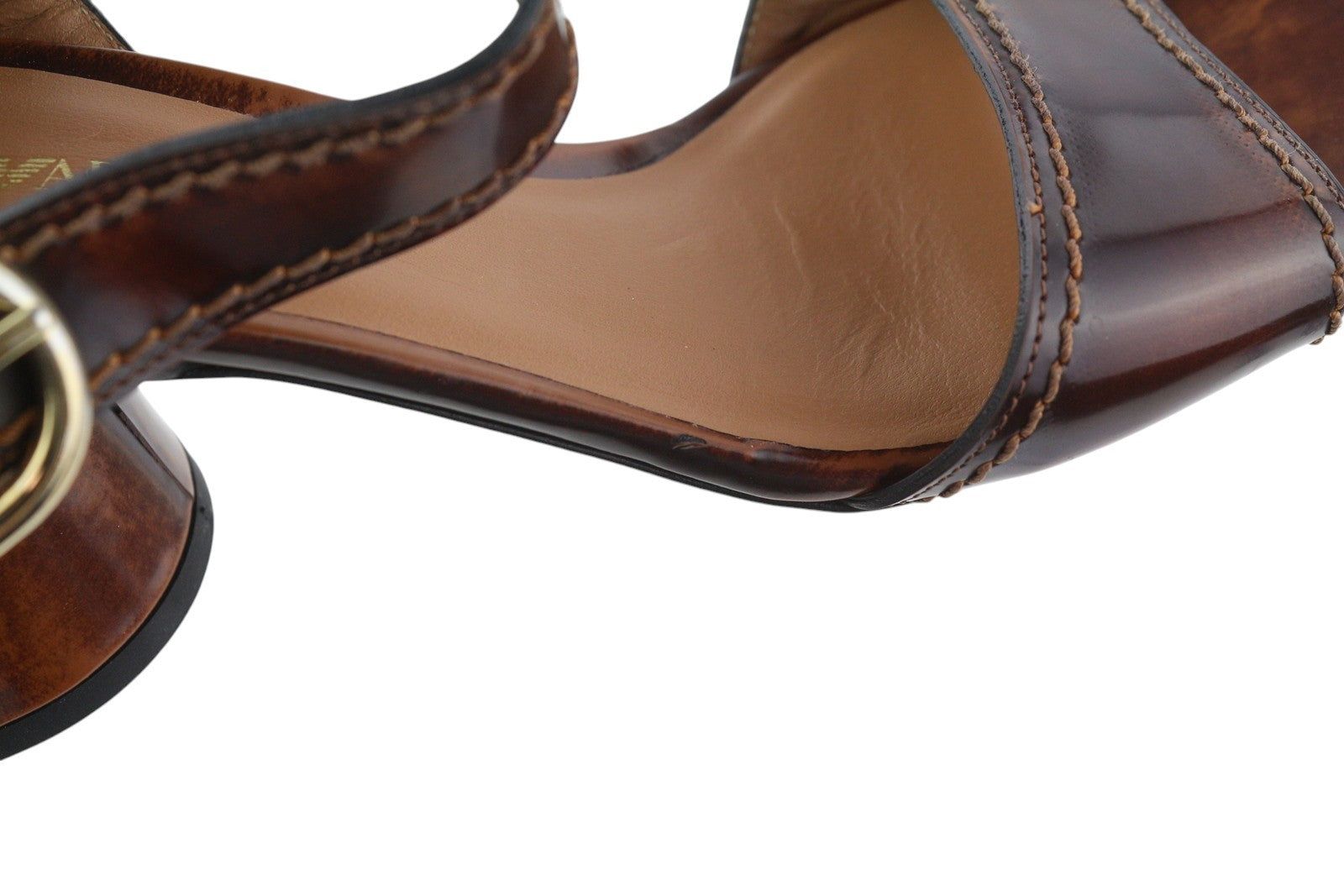 EMPORIO ARMANI Women Heels EU37 Brown Leather Block Heel Buckle Casual