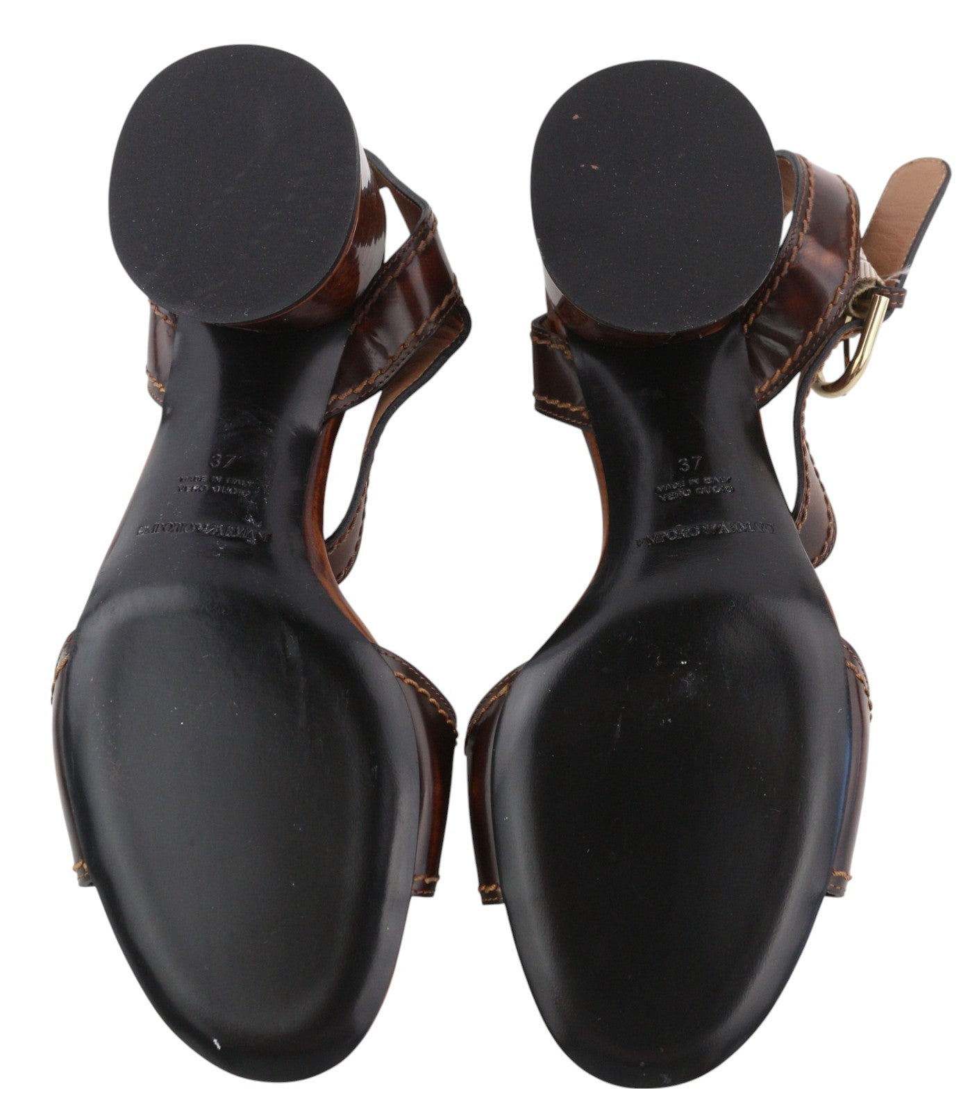 EMPORIO ARMANI Women Heels EU37 Brown Leather Block Heel Buckle Casual