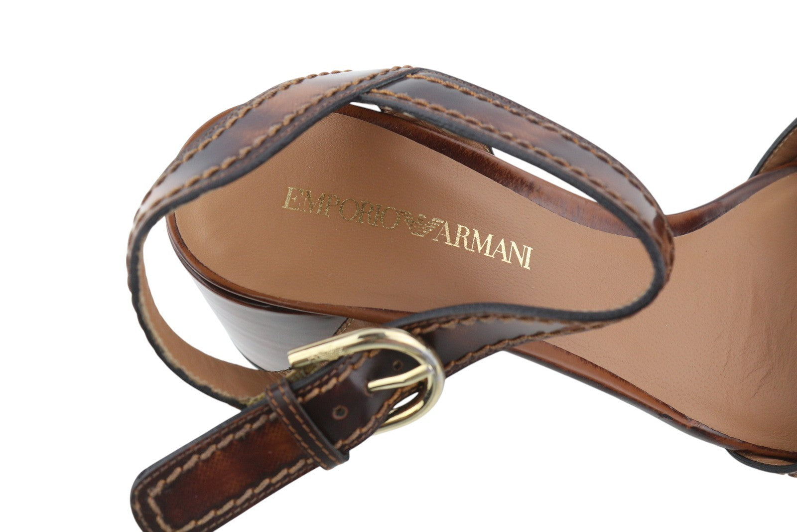 EMPORIO ARMANI Women Heels EU37 Brown Leather Block Heel Buckle Casual