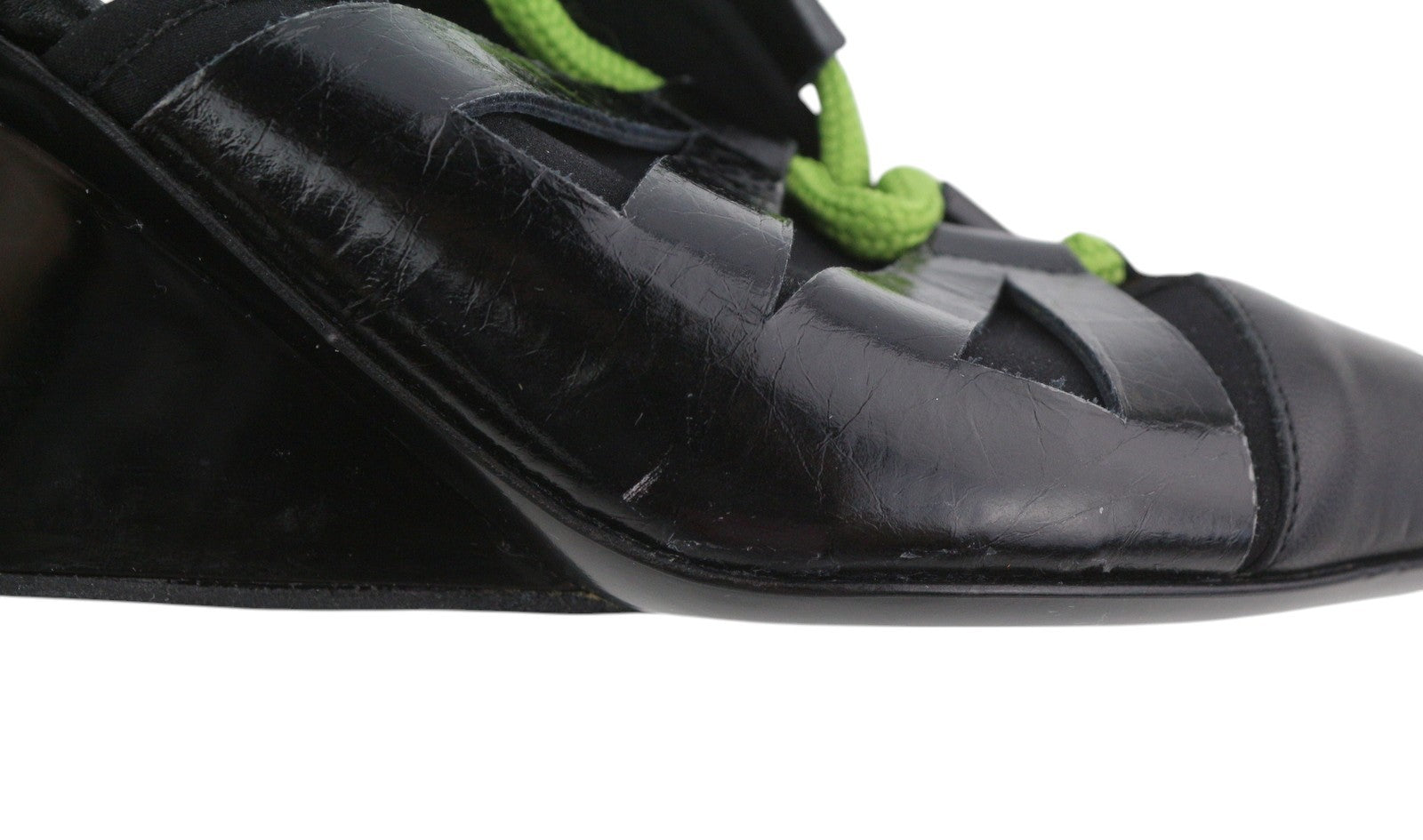 EMPORIO ARMANI Women Heels EU37 Black Leather Pointed Green Drawstring Detail