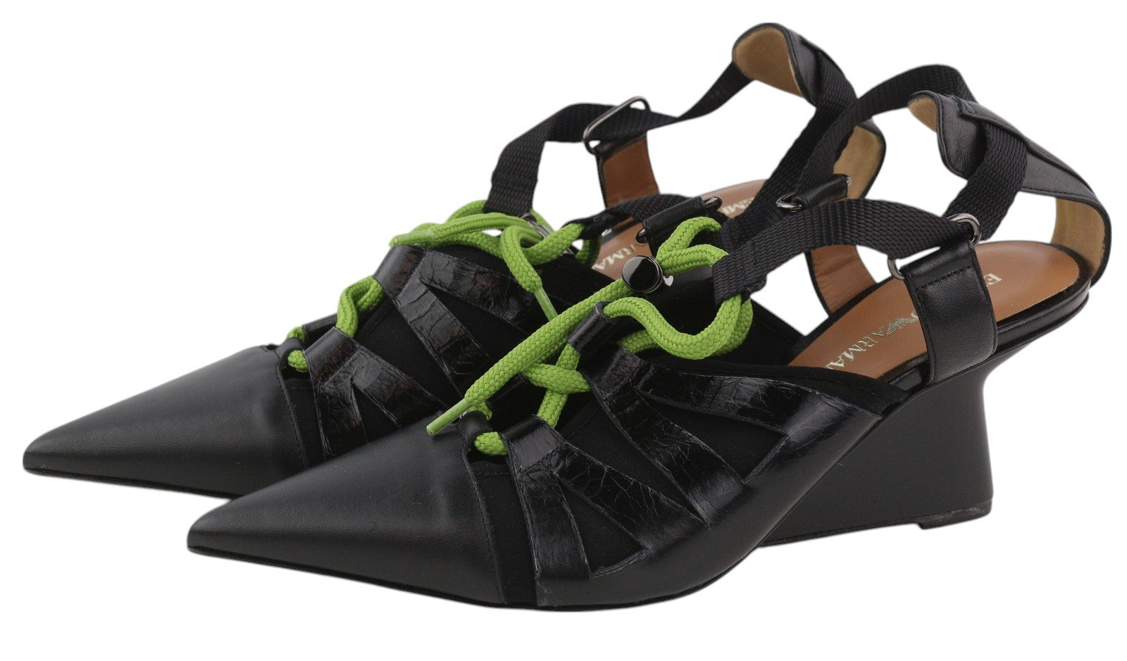 EMPORIO ARMANI Women Heels EU37 Black Leather Pointed Green Drawstring Detail