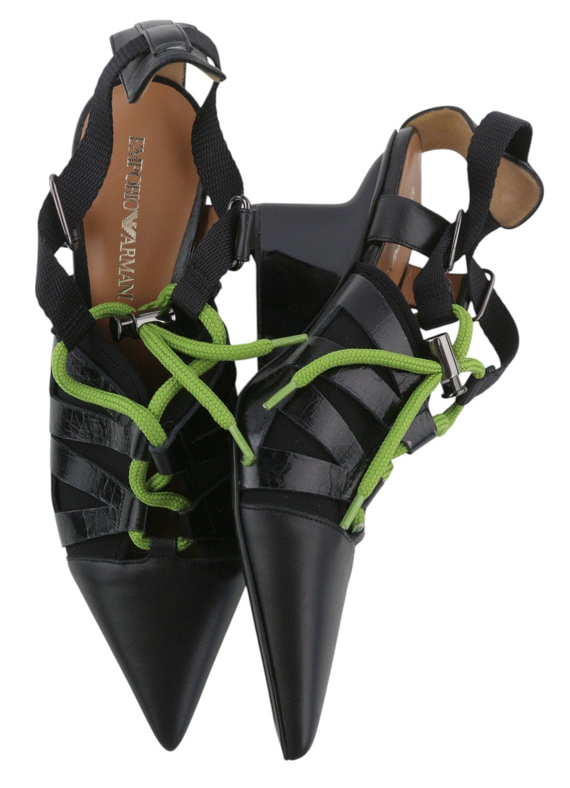 EMPORIO ARMANI Women Heels EU37 Black Leather Pointed Green Drawstring Detail