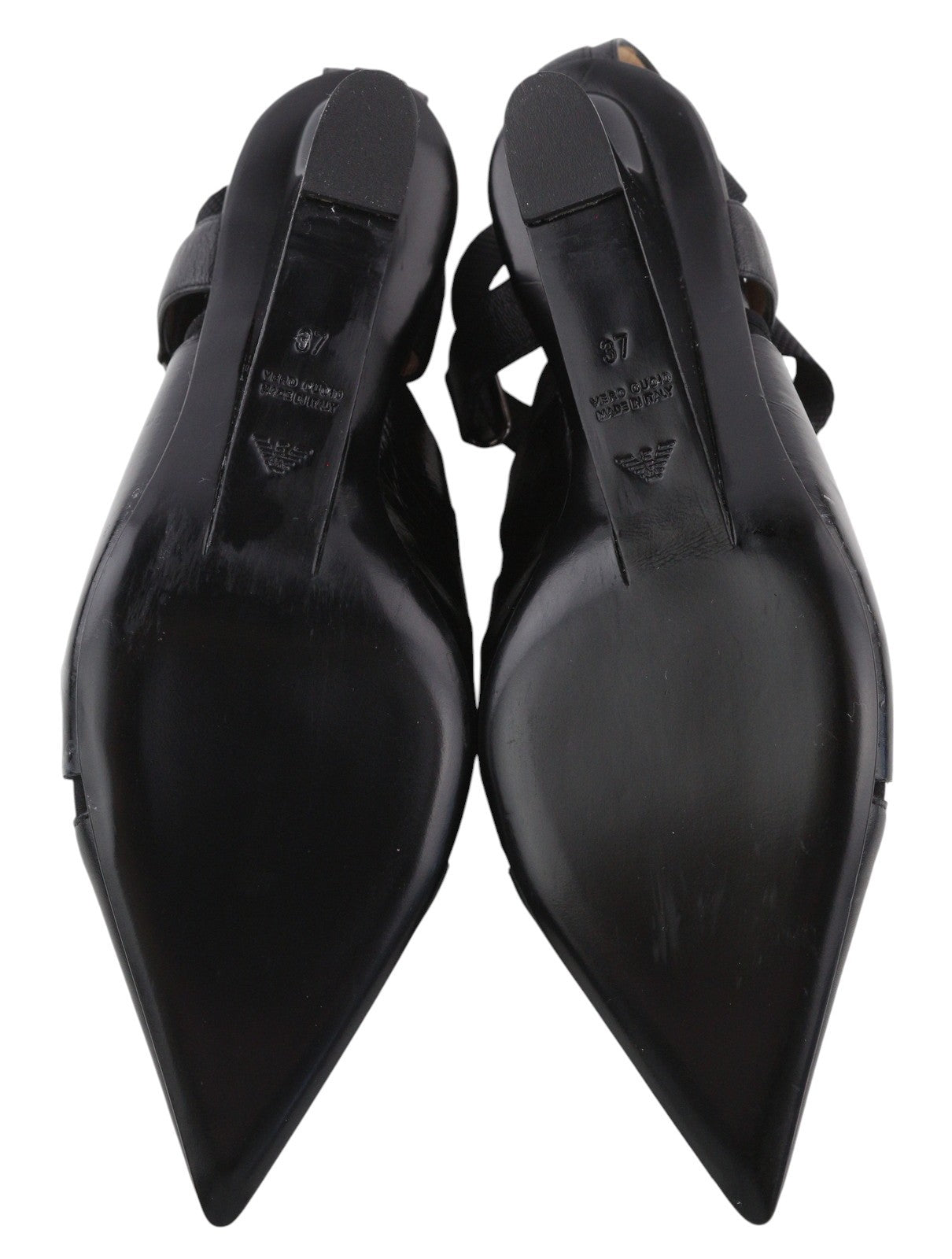 EMPORIO ARMANI Women Heels EU37 Black Leather Pointed Green Drawstring Detail