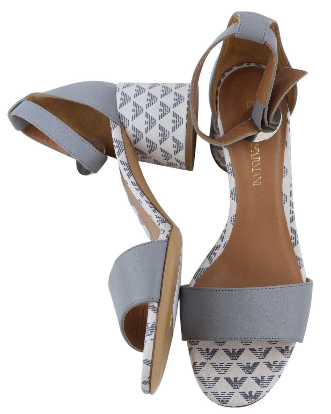 EMPORIO ARMANI X3P708 Women Heels EU37 Grey Leather Logo Print Sandals RRP199