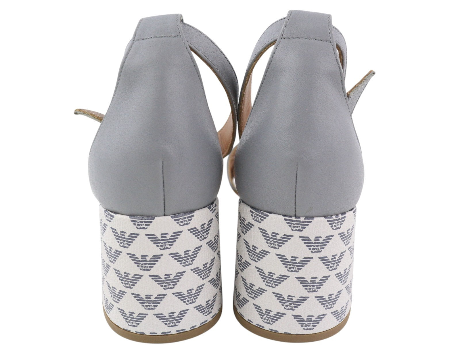 EMPORIO ARMANI X3P708 Women Heels EU37 Grey Leather Logo Print Sandals RRP199