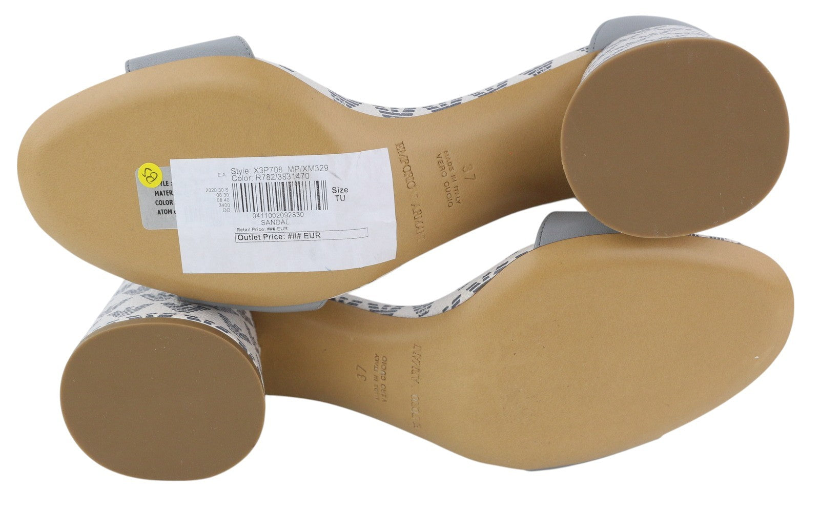 EMPORIO ARMANI X3P708 Women Heels EU37 Grey Leather Logo Print Sandals RRP199