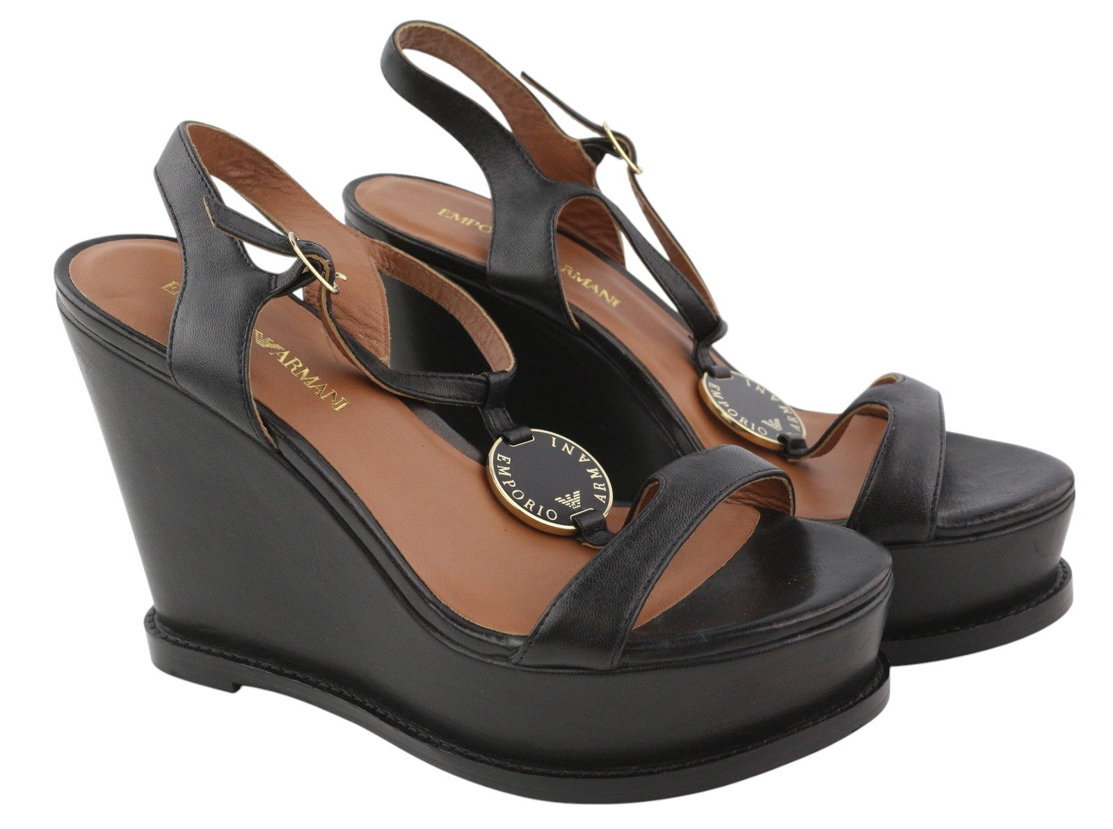 EMPORIO ARMANI Women Sandals EU37 Black Leather Wedge Platform Logo Casual