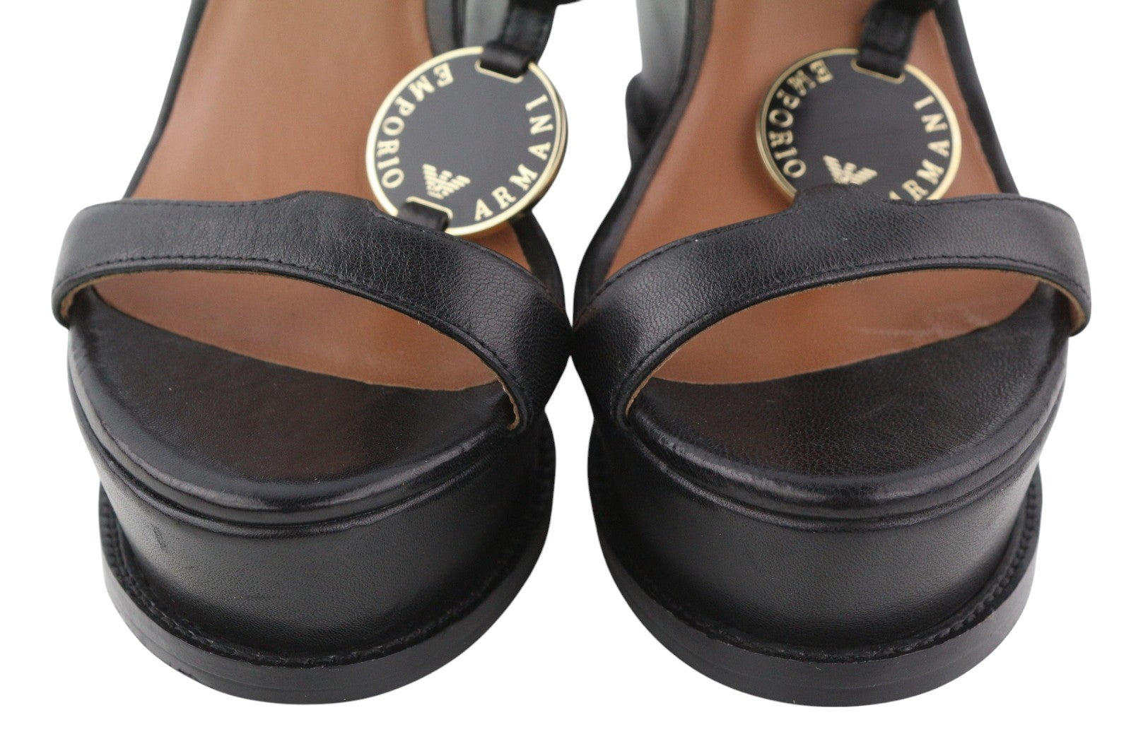 EMPORIO ARMANI Women Sandals EU37 Black Leather Wedge Platform Logo Casual