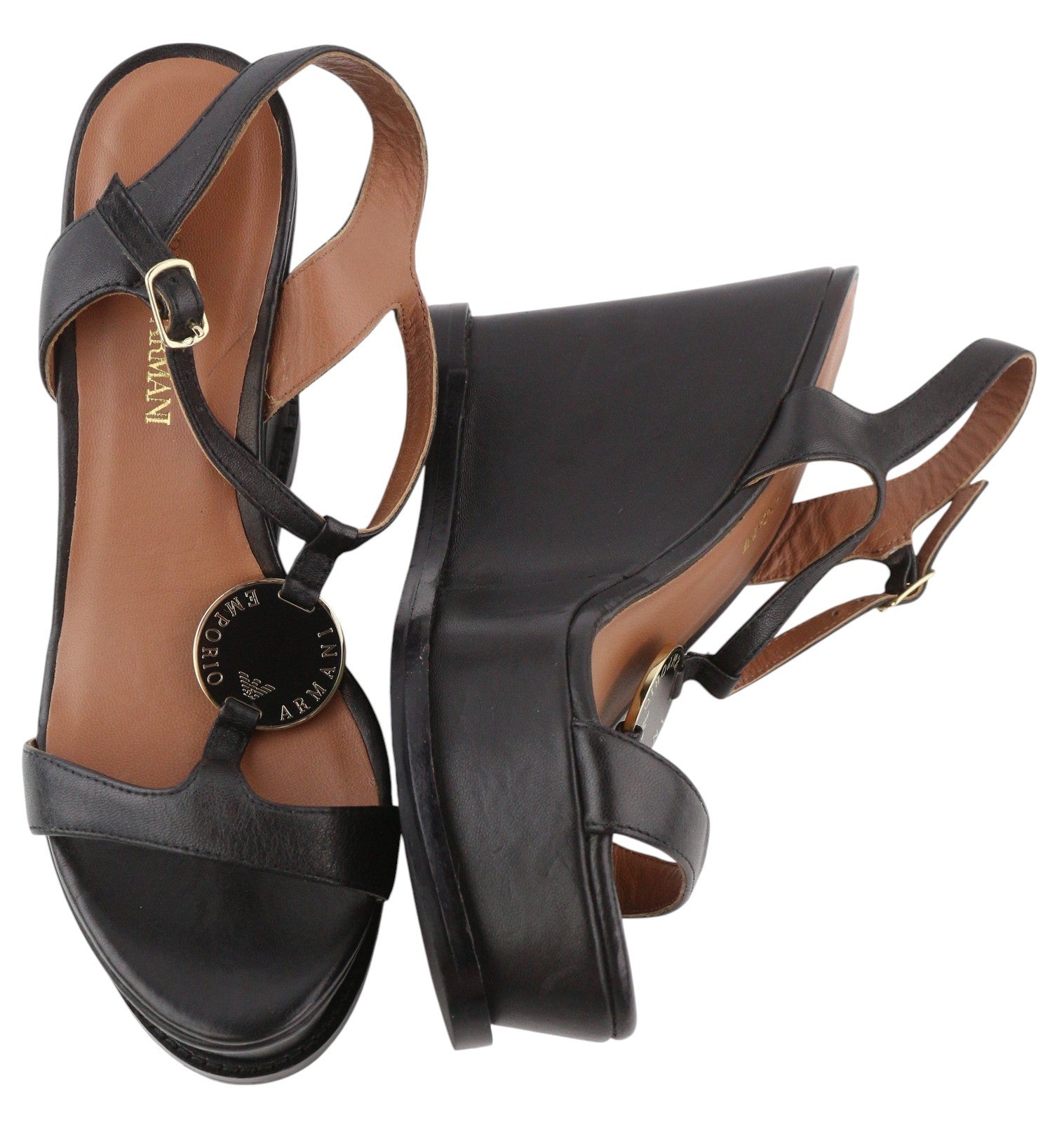 EMPORIO ARMANI Women Sandals EU37 Black Leather Wedge Platform Logo Casual