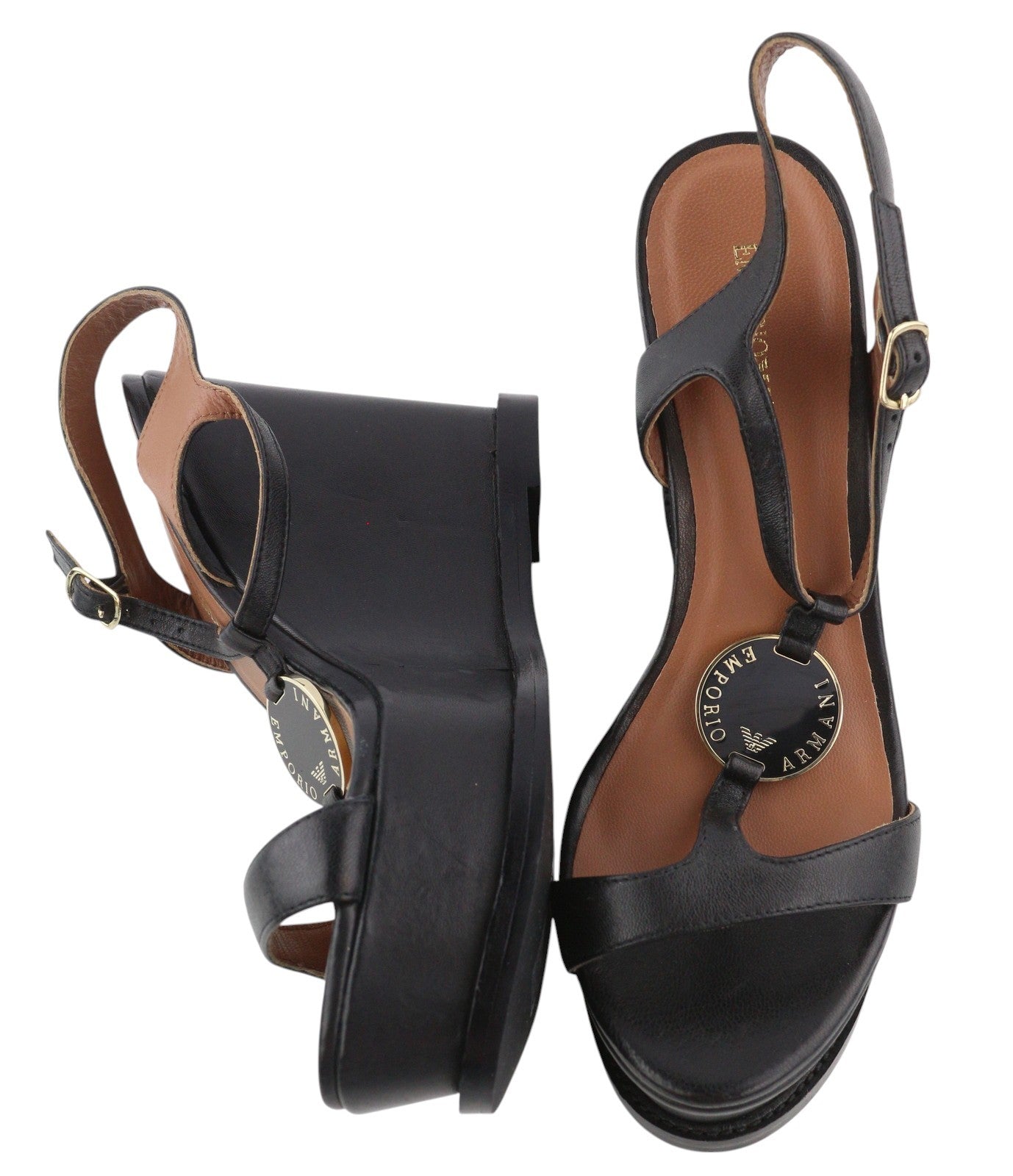EMPORIO ARMANI Women Sandals EU37 Black Leather Wedge Platform Logo Casual