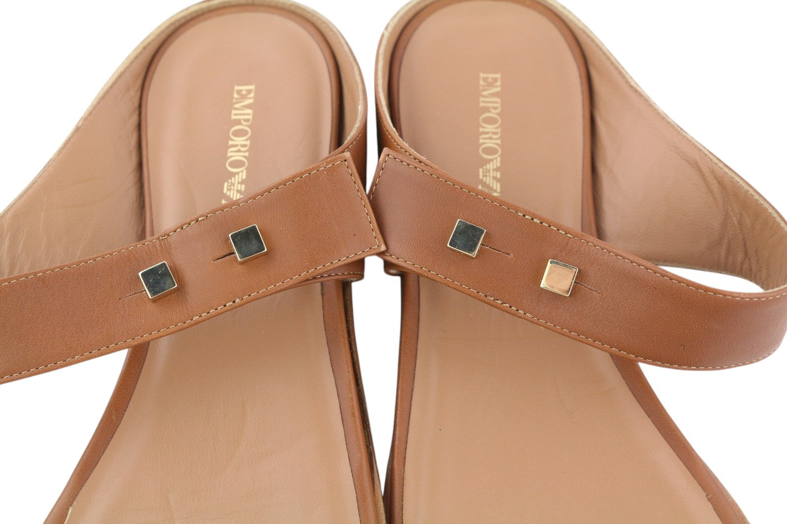 EMPORIO ARMANI X3Q070 Women Flats EU37 Brown Leather Sandals Gold Detail
