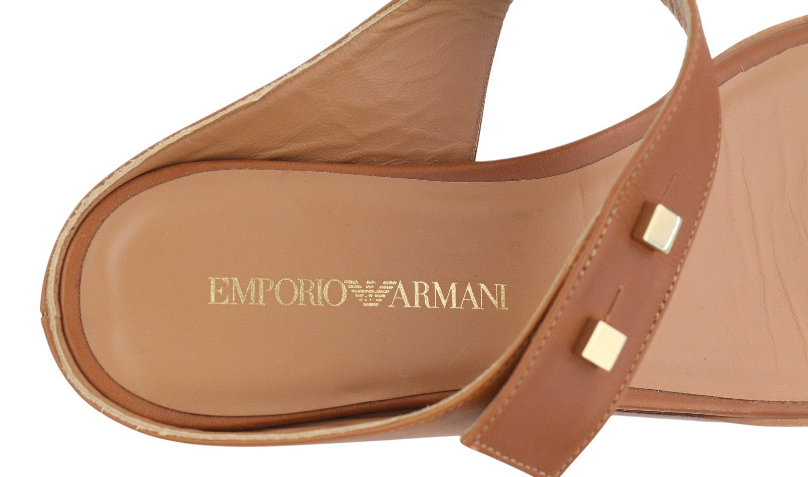 EMPORIO ARMANI X3Q070 Women Flats EU37 Brown Leather Sandals Gold Detail