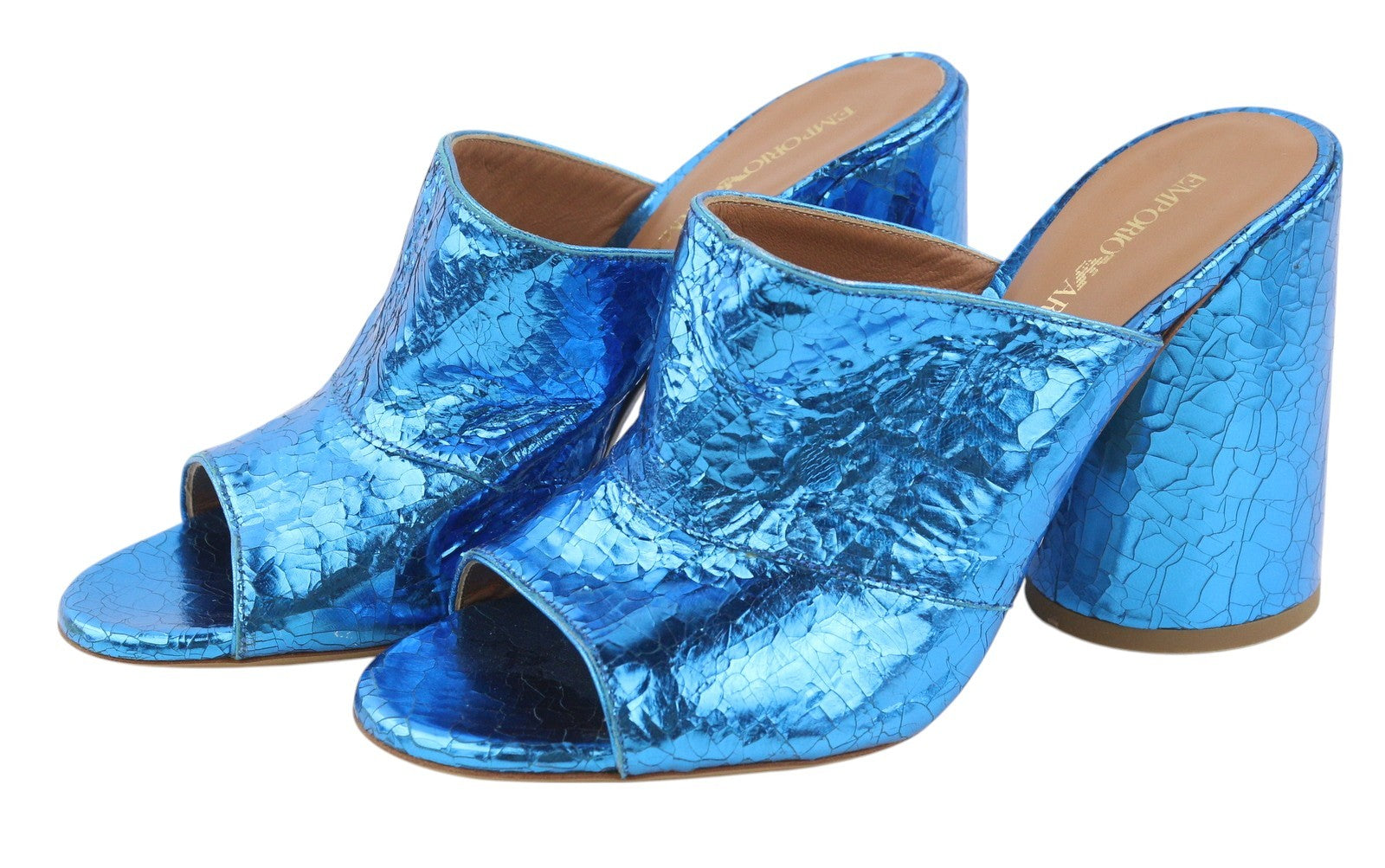 EMPORIO ARMANI X3P713 Women Sandals EU37 Blue Shiny Leather Mule Slip On RRP299