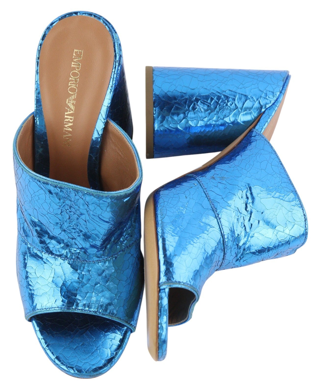 EMPORIO ARMANI X3P713 Women Sandals EU37 Blue Shiny Leather Mule Slip On RRP299