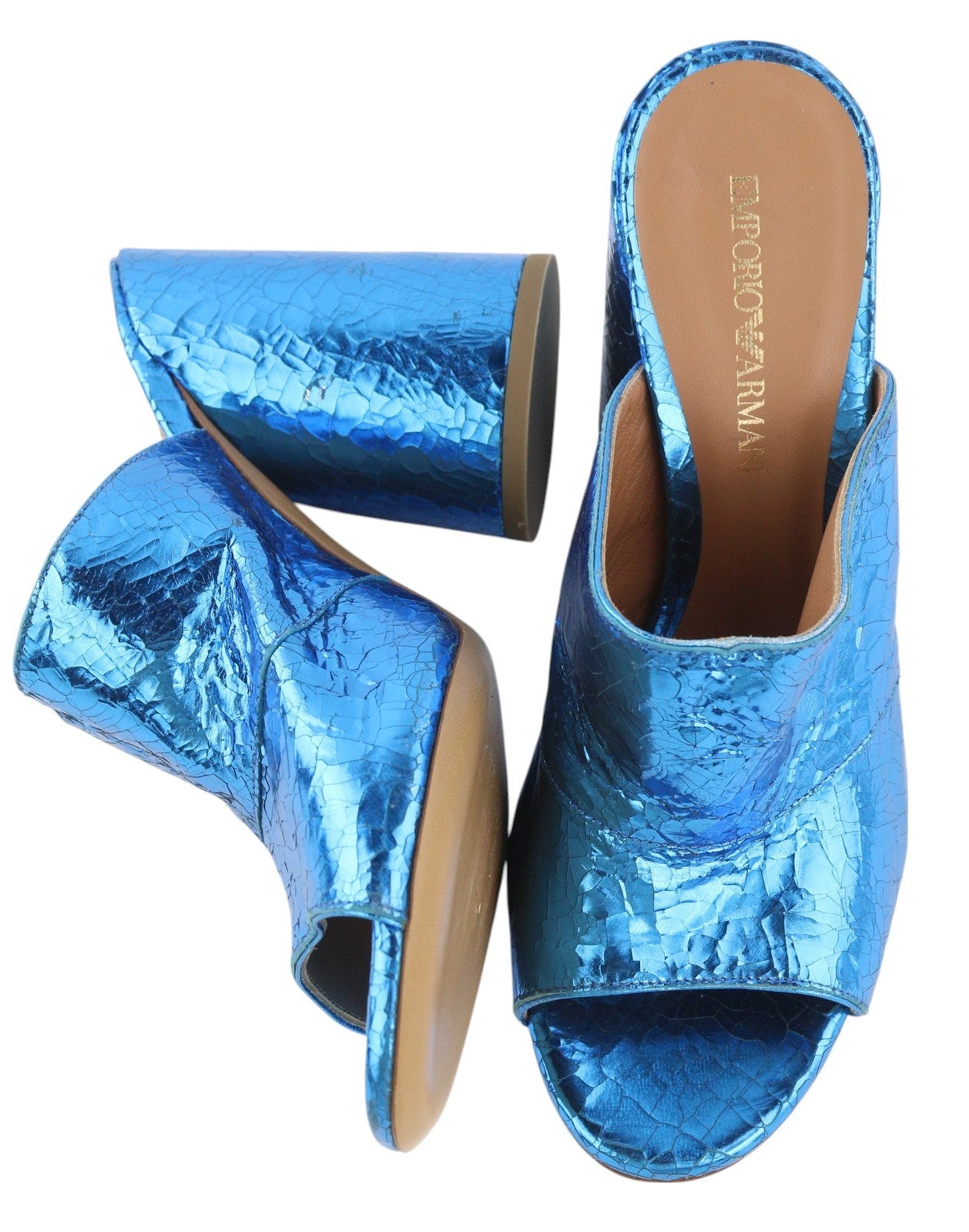 EMPORIO ARMANI X3P713 Women Sandals EU37 Blue Shiny Leather Mule Slip On RRP299
