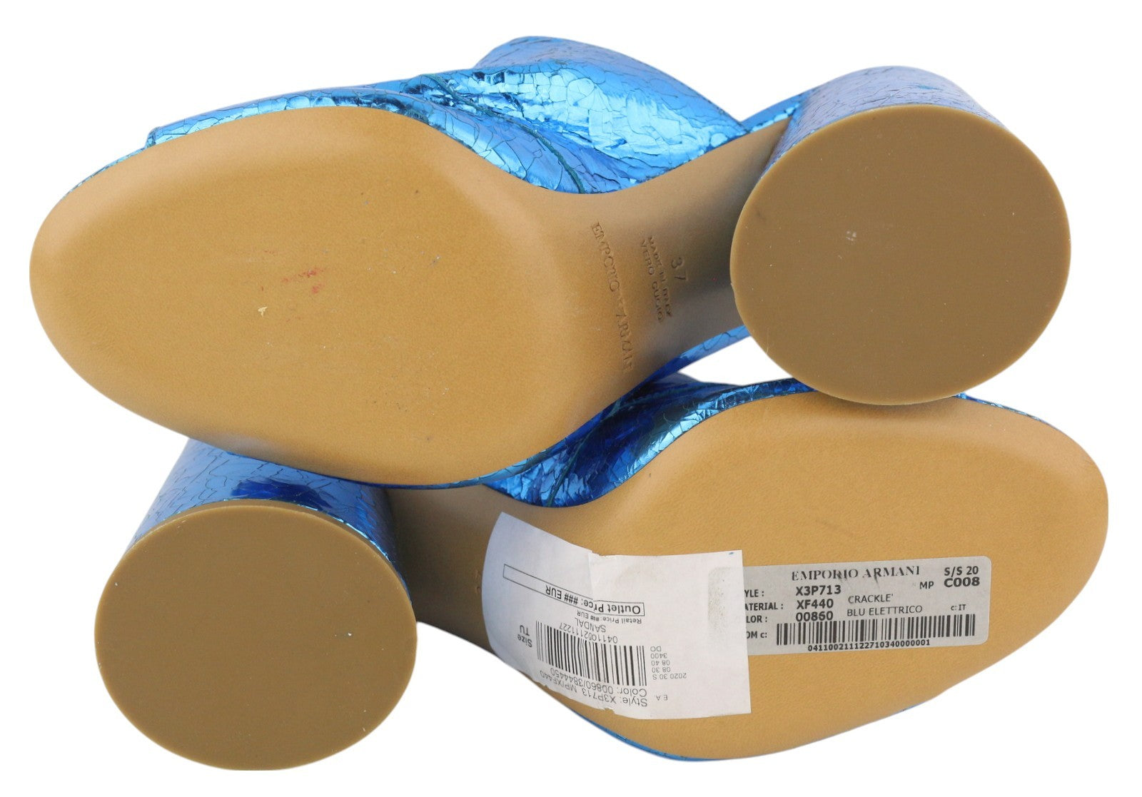 EMPORIO ARMANI X3P713 Women Sandals EU37 Blue Shiny Leather Mule Slip On RRP299