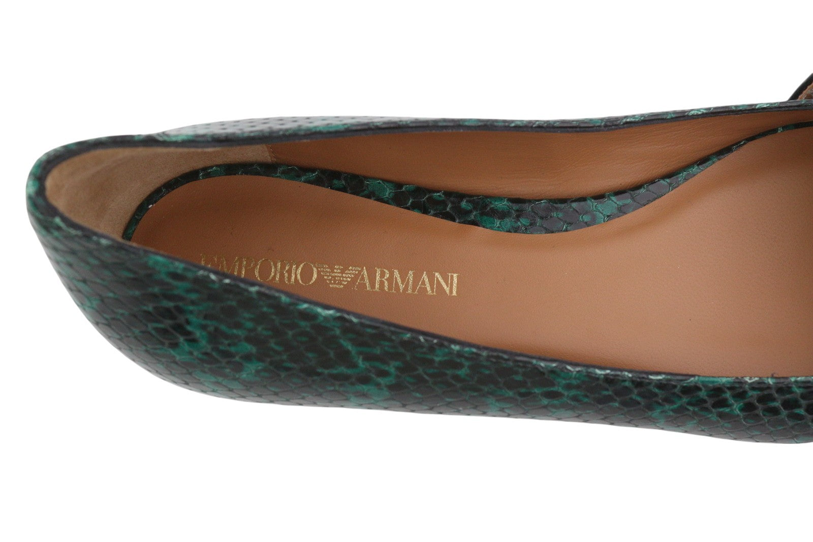 EMPORIO ARMANI Women Flats EU37 Green Snake Print Leather Pointed Ballerina