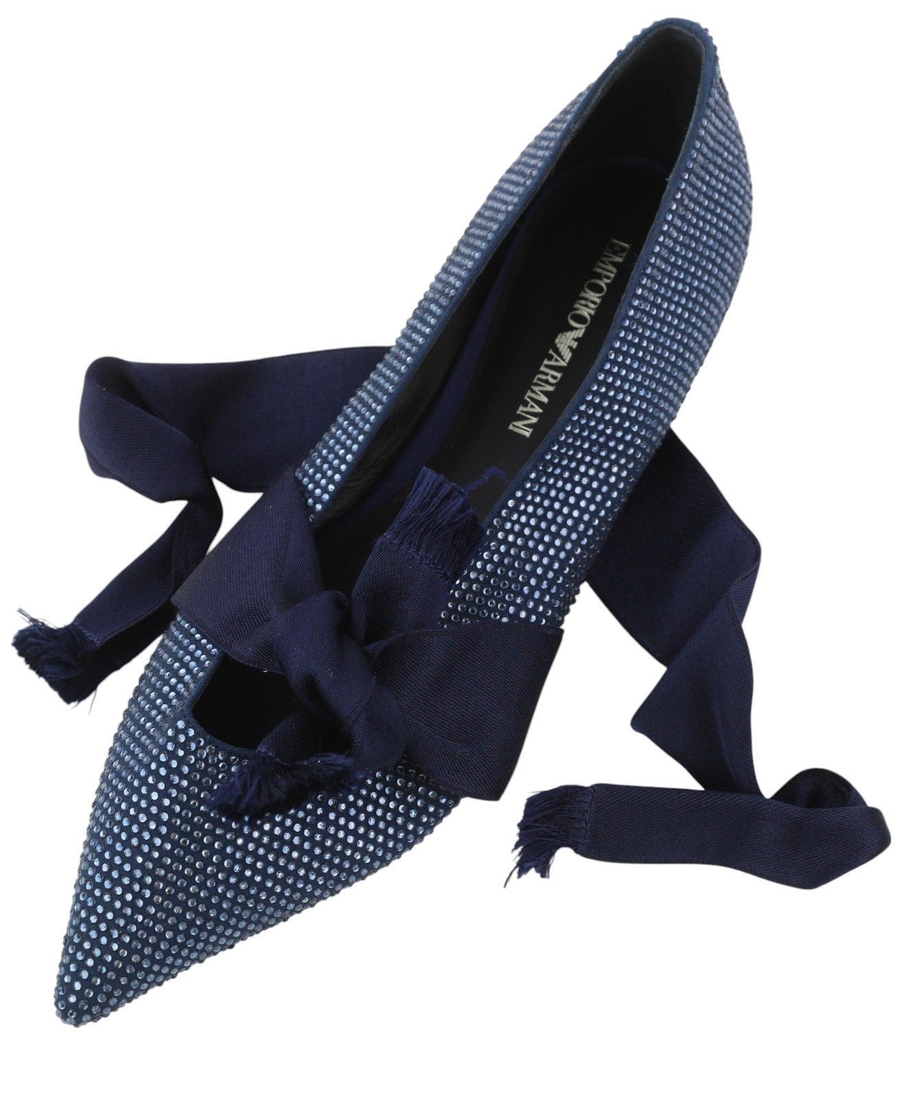EMPORIO ARMANI Women Flats EU37 Blue Rhinestone Pointed Ballerina Straps