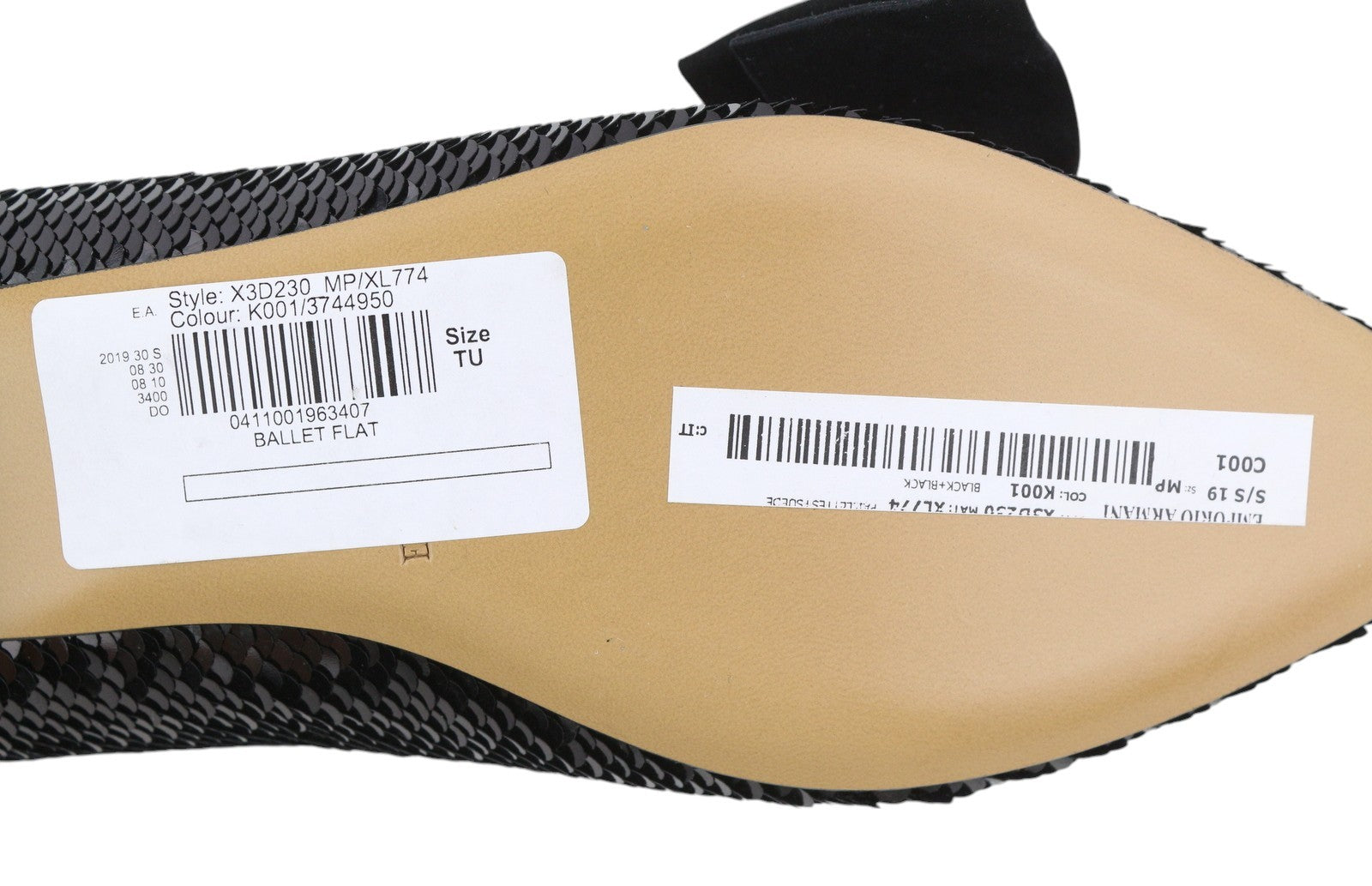 EMPORIO ARMANI X3D230 Women Flats EU37 Black Shiny Sequin Pointed Ballerina