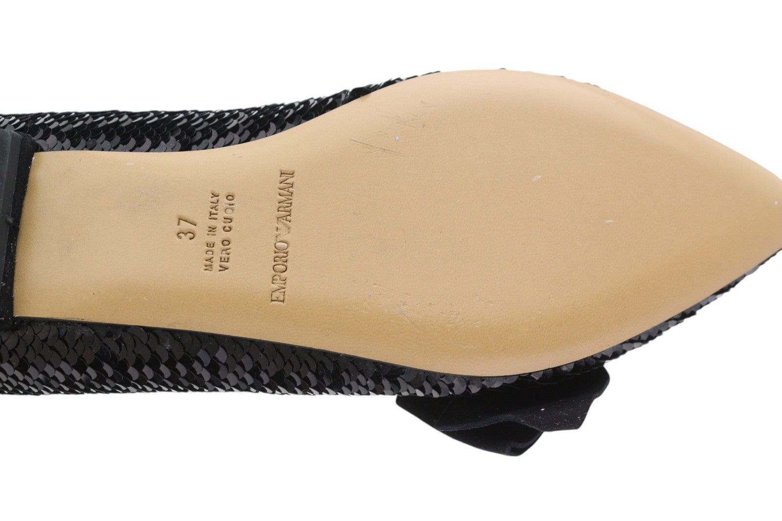 EMPORIO ARMANI X3D230 Women Flats EU37 Black Shiny Sequin Pointed Ballerina