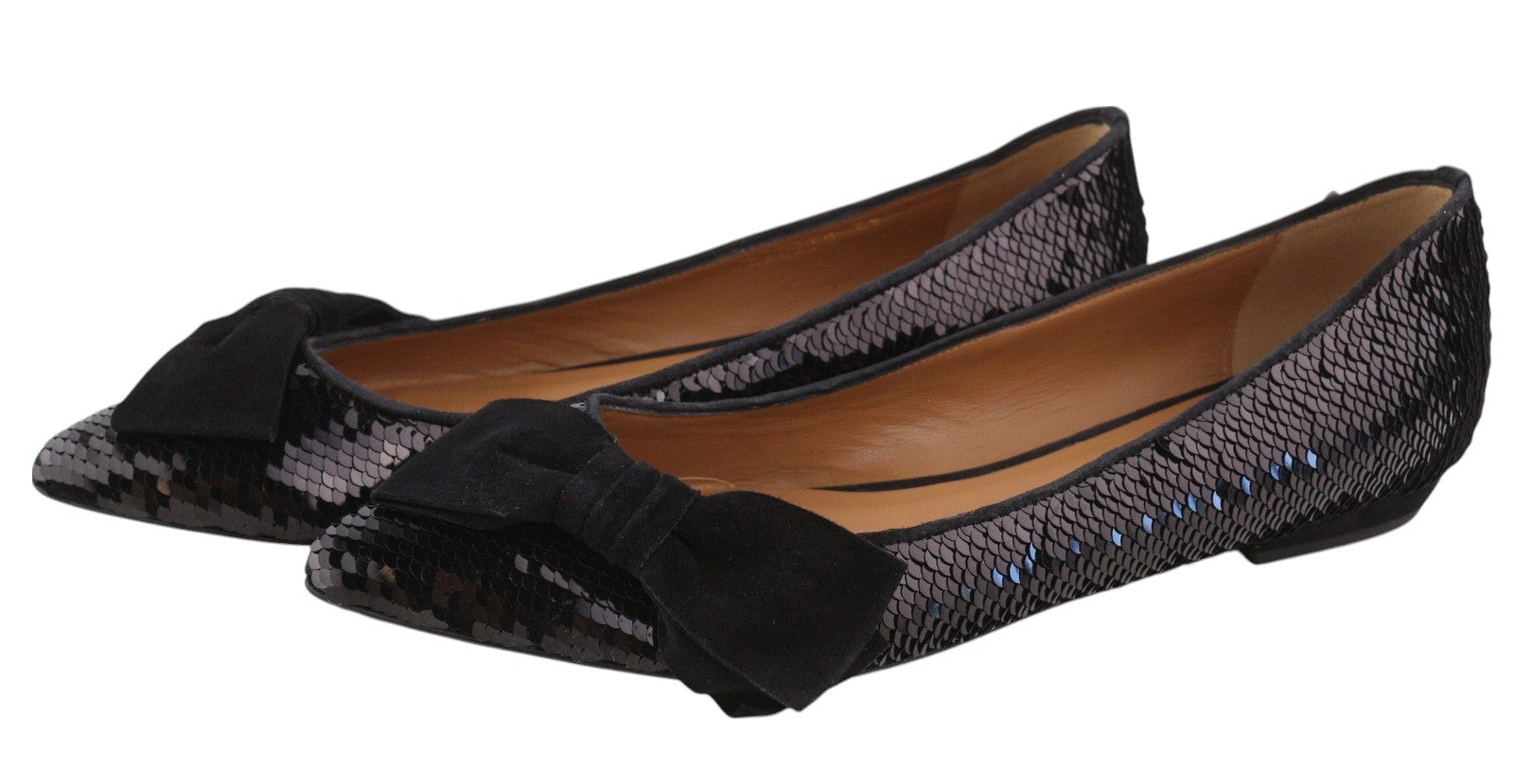 EMPORIO ARMANI X3D230 Women Flats EU37 Black Shiny Sequin Pointed Ballerina