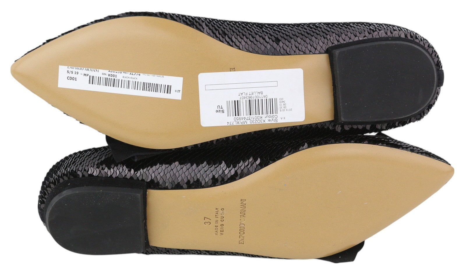 EMPORIO ARMANI X3D230 Women Flats EU37 Black Shiny Sequin Pointed Ballerina