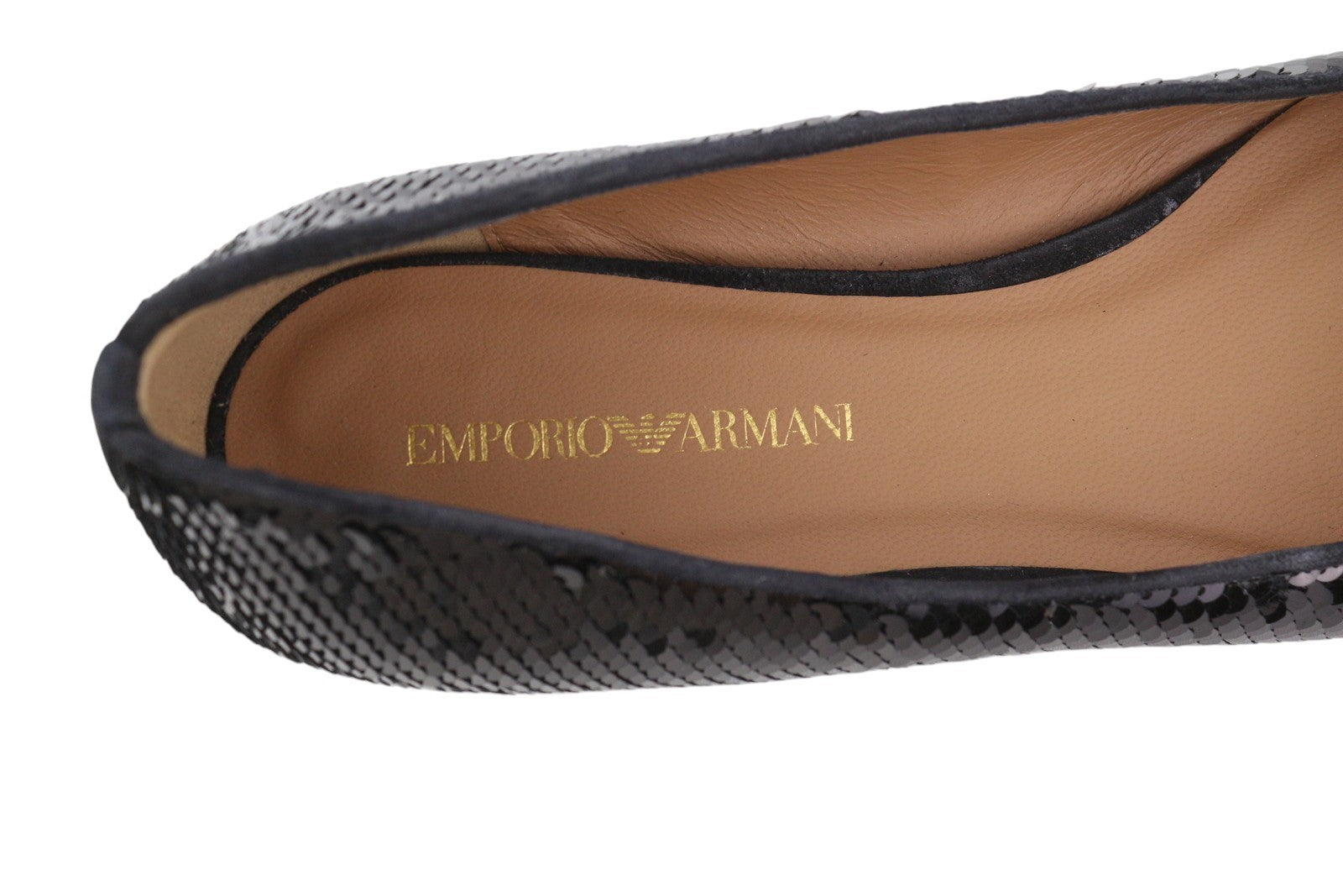 EMPORIO ARMANI X3D230 Women Flats EU37 Black Shiny Sequin Pointed Ballerina