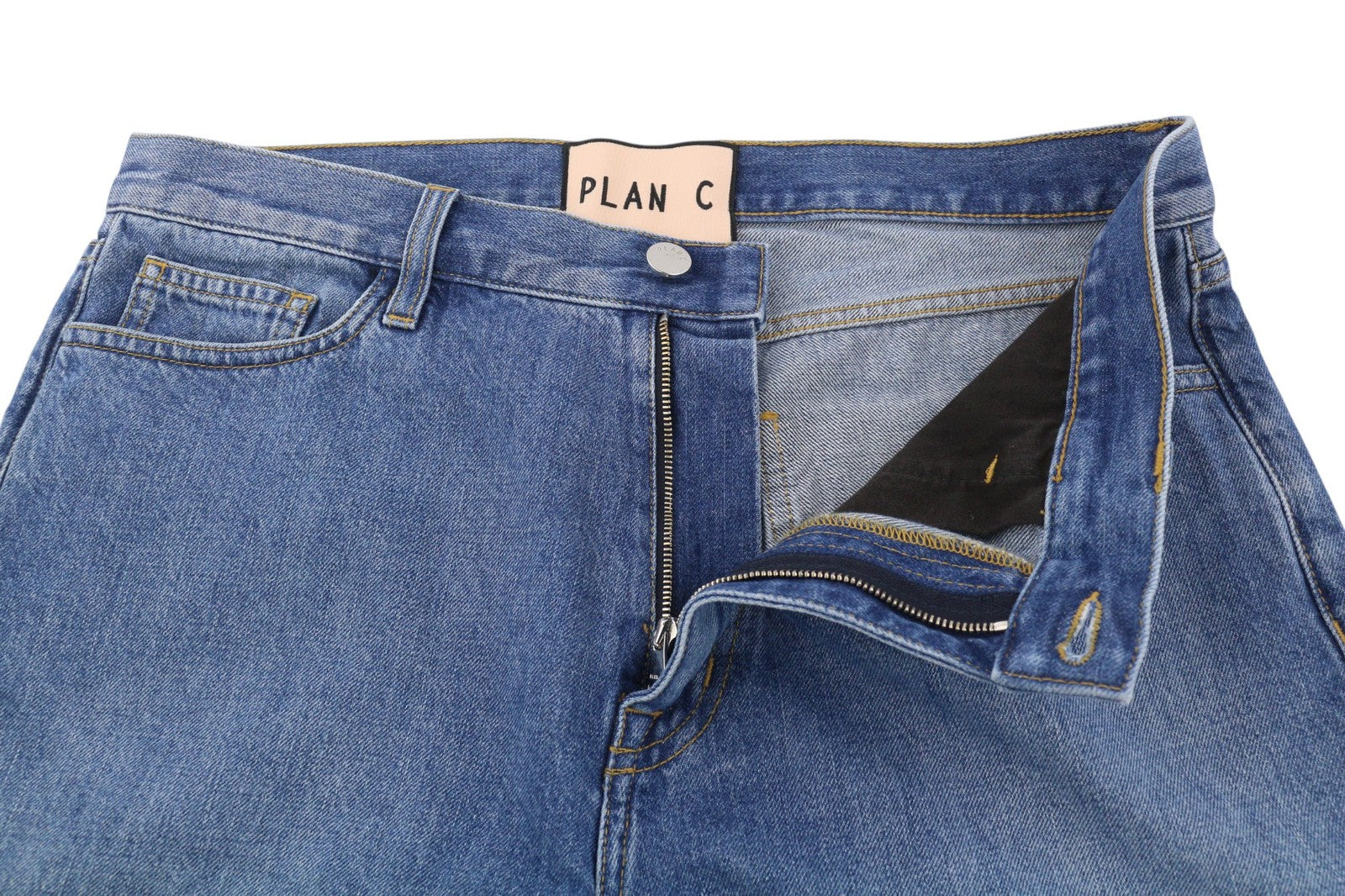 PLAN C Women Shorts 38 Blue Washed Denim Zip Fly Cotton Casual RRP389