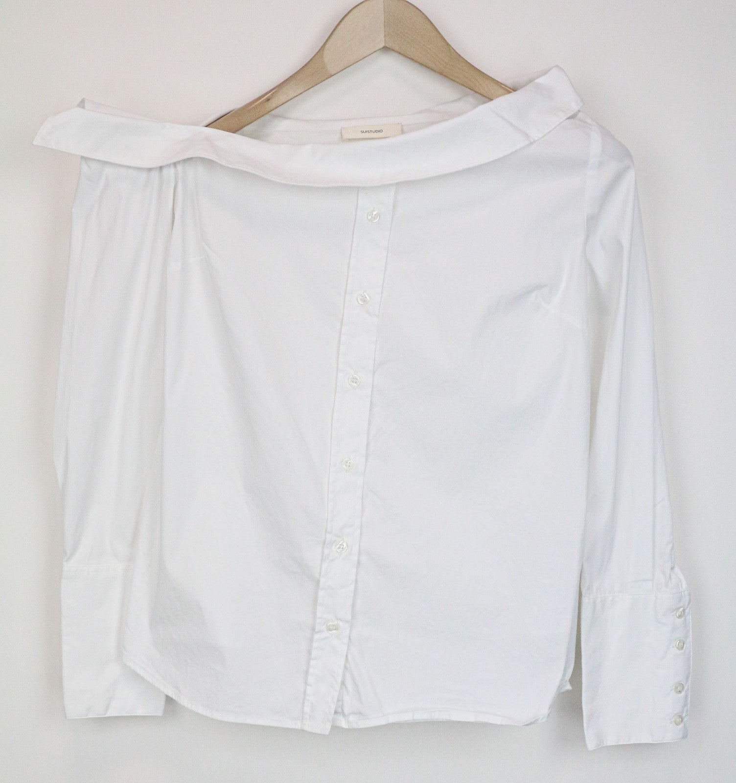 SUISTUDIO Bob Women's Top UK10 White Slim Cotton Blend Formal Boat Neck Blouse