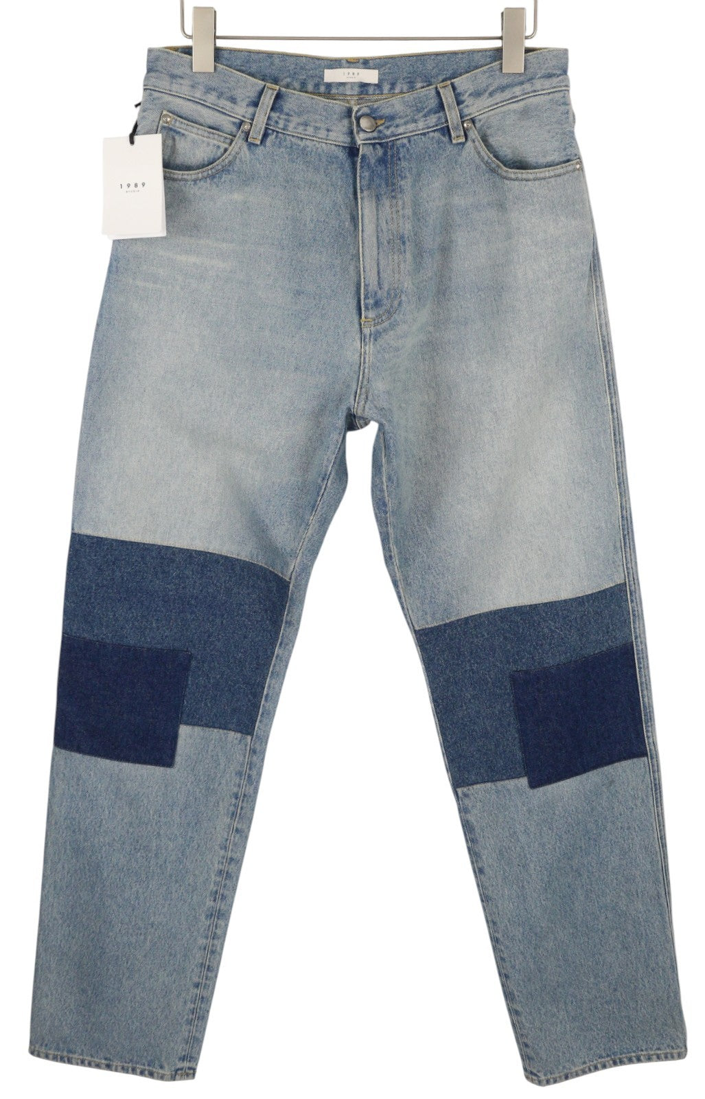 1989 STUDIO Men Jeans W32 Blue Faded Whiskers Tapered Fit Patches Knees FW25