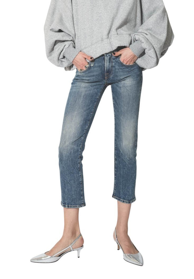 R13 Boy Straight Women Jeans 28 Cropped Ankle Blue Kelly Stretch Washed RRP645
