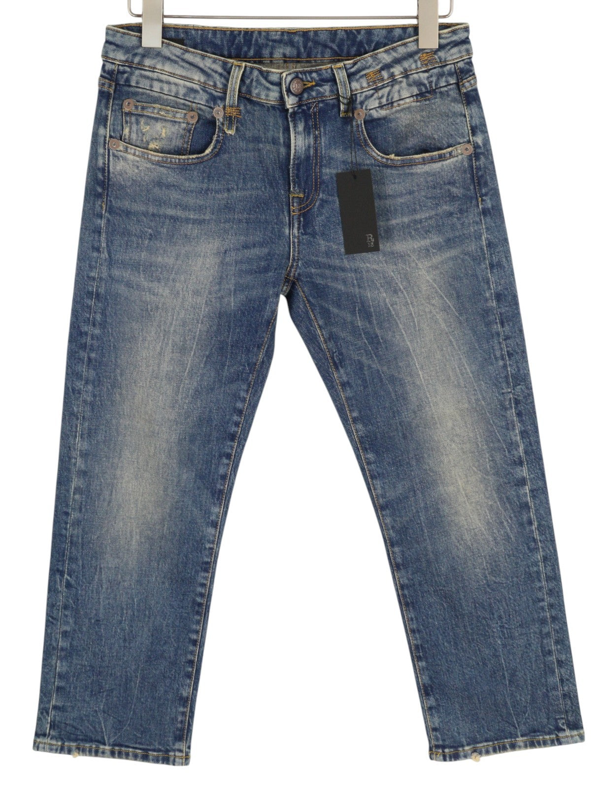 R13 Boy Straight Women Jeans 28 Cropped Ankle Blue Kelly Stretch Washed RRP645