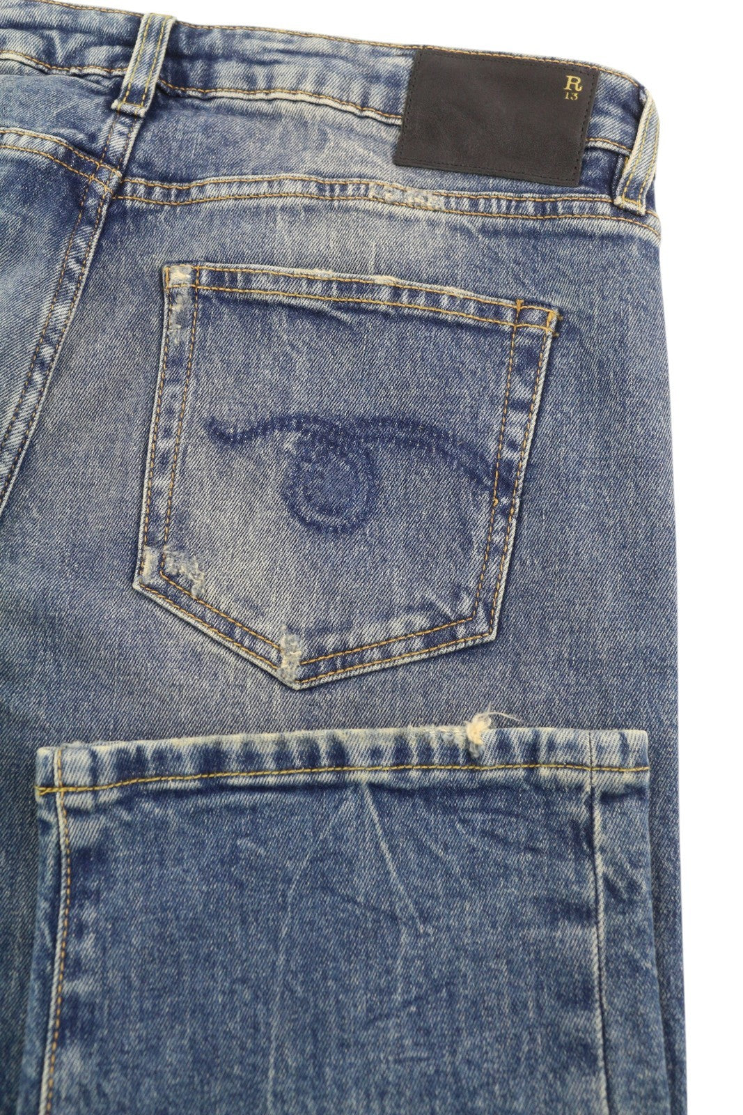 R13 Boy Straight Women Jeans 28 Cropped Ankle Blue Kelly Stretch Washed RRP645