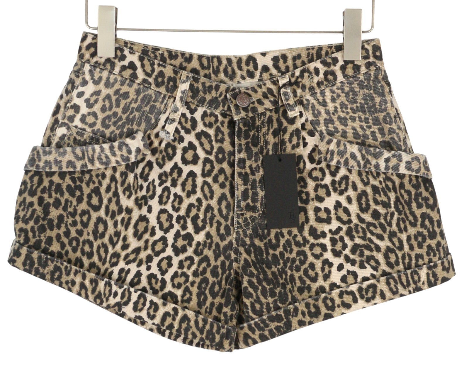 R13 Pouch Pocket Women Shorts 24 Rigid Denim Leopard Print Turn-Up RRP795