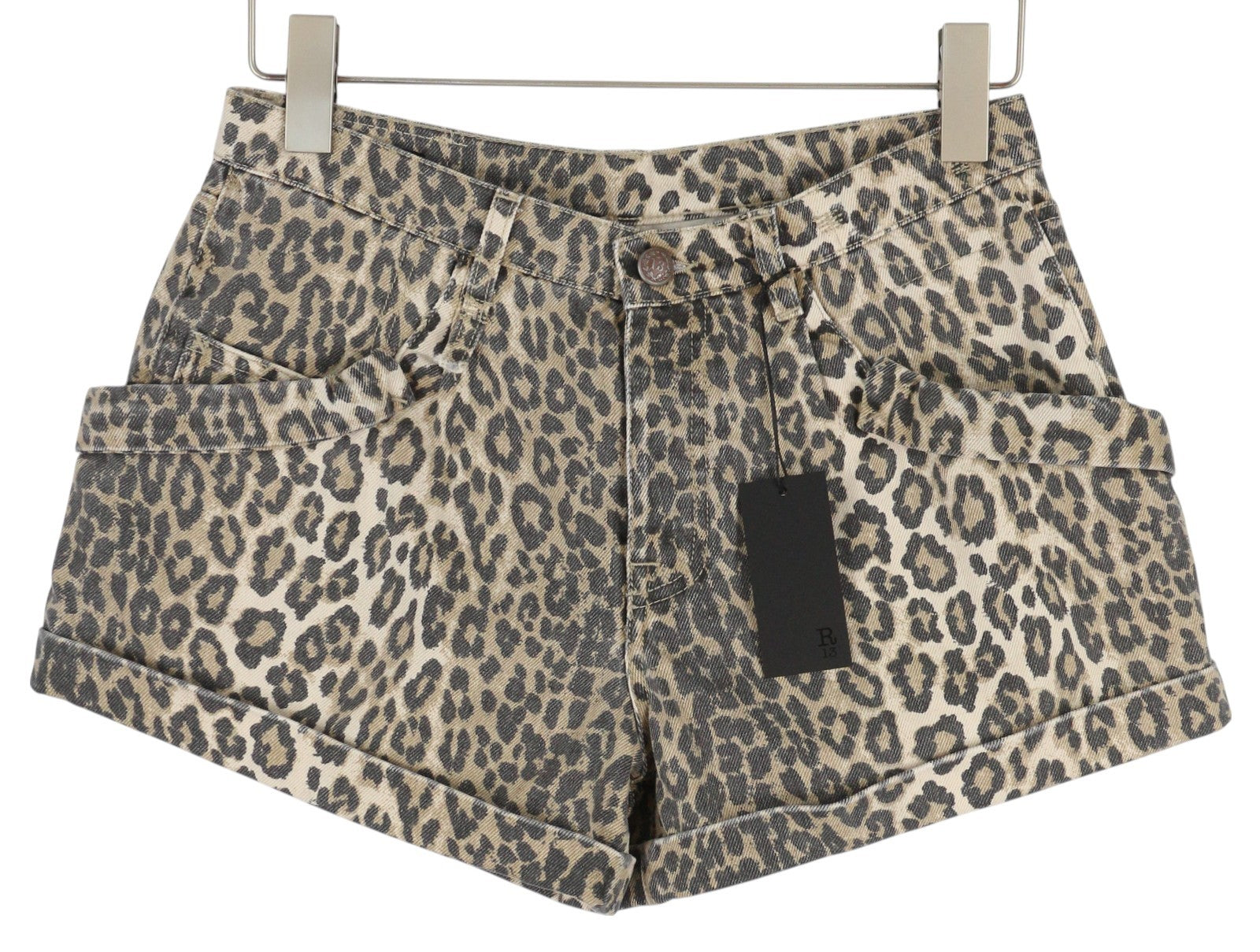 R13 Pouch Pocket Women Shorts 24 Rigid Denim Leopard Print Button Front RRP795