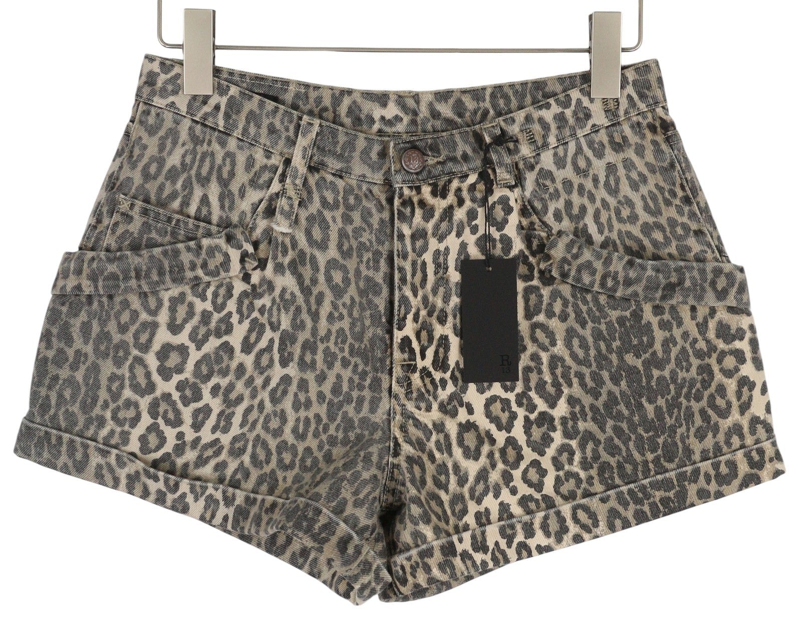 R13 Pouch Pocket Women Shorts 30 Rigid Denim Leopard Print Turn-Up RRP795