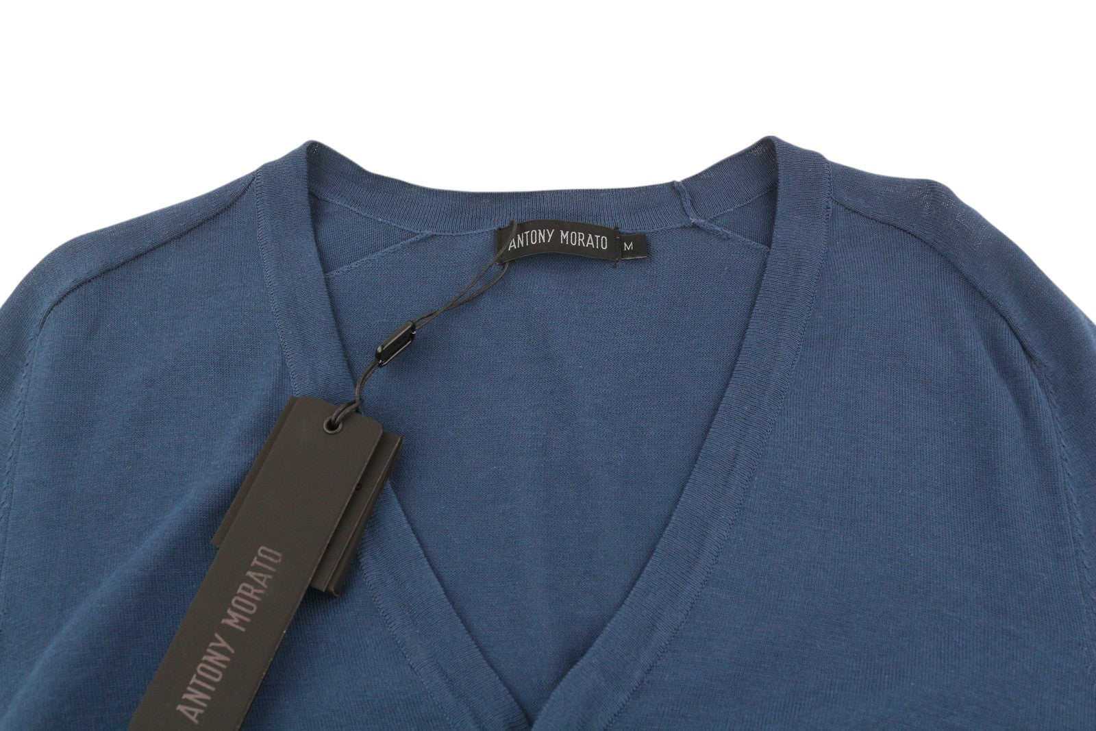 ANTONY MORATO Men Jumper M Blue Cotton Knit Hidden Buttons V-Neck Cardigan