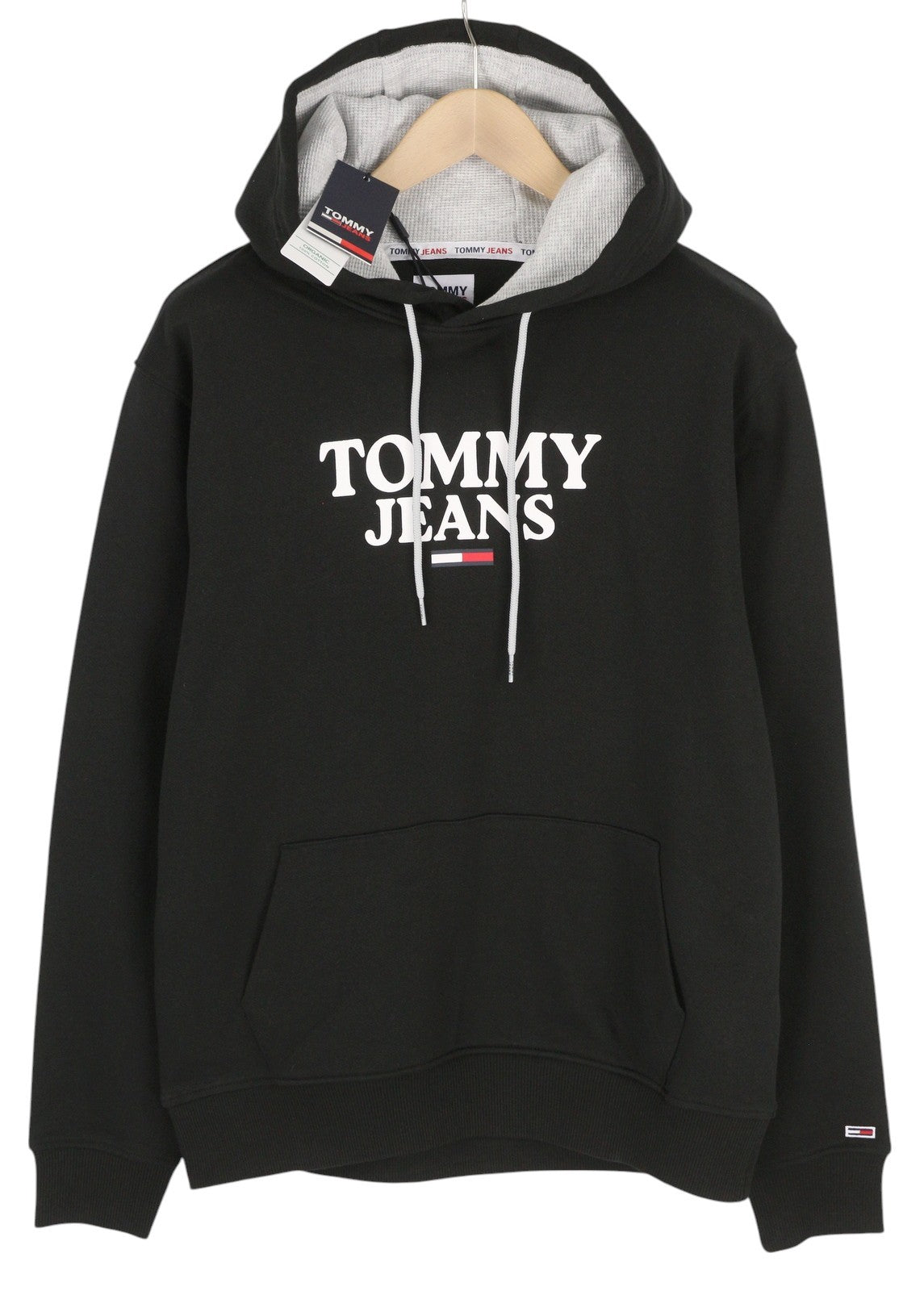 TOMMY HILFIGER Men Hoodie L Black Front Logo Hooded Kangaroo Pocket