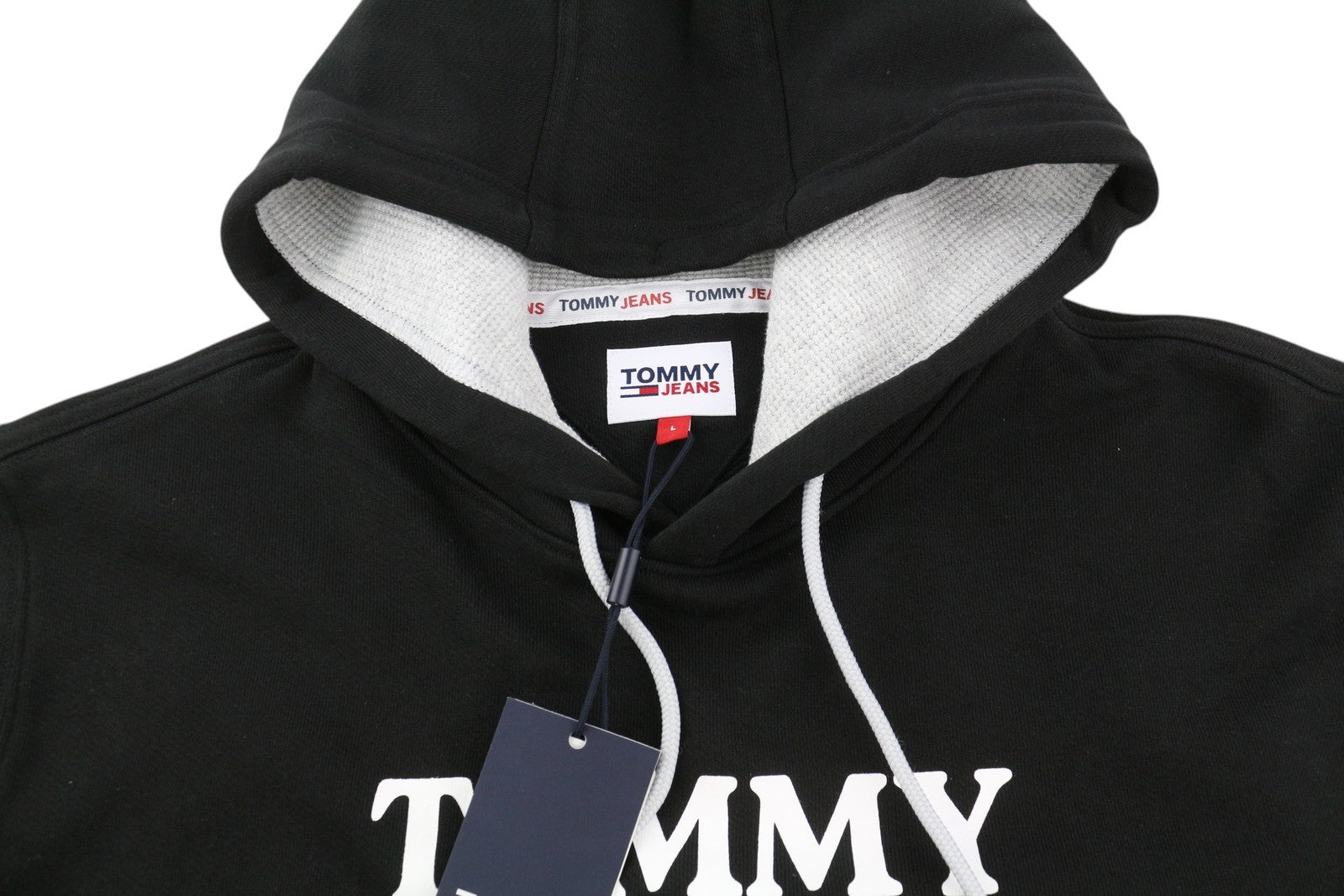 TOMMY HILFIGER Men Hoodie L Black Front Logo Hooded Kangaroo Pocket
