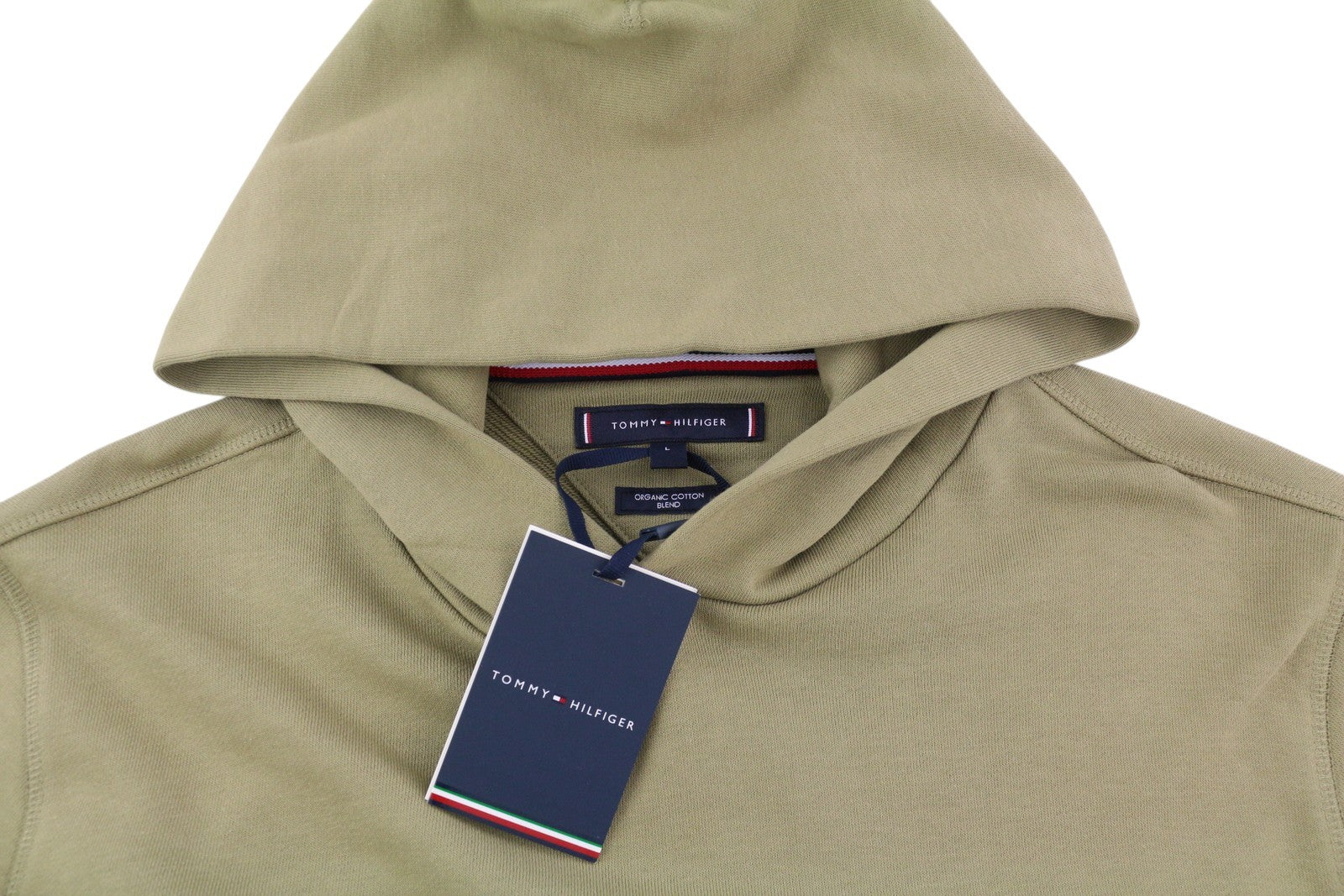 TOMMY HILFIGER Square Logo Men Hoodie L Brown Hooded Kangaroo Pocket