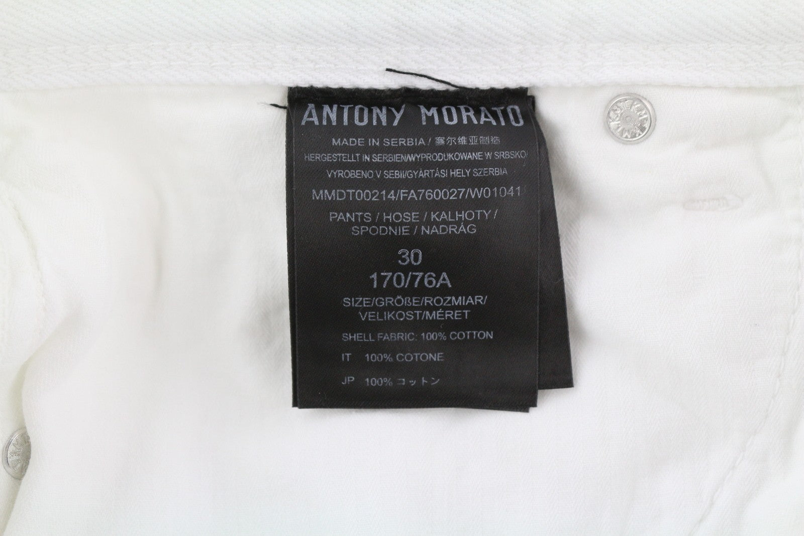 ANTONY MORATO Argon Men Jeans W30 White Slim Fit Ankle Button Fly Denim