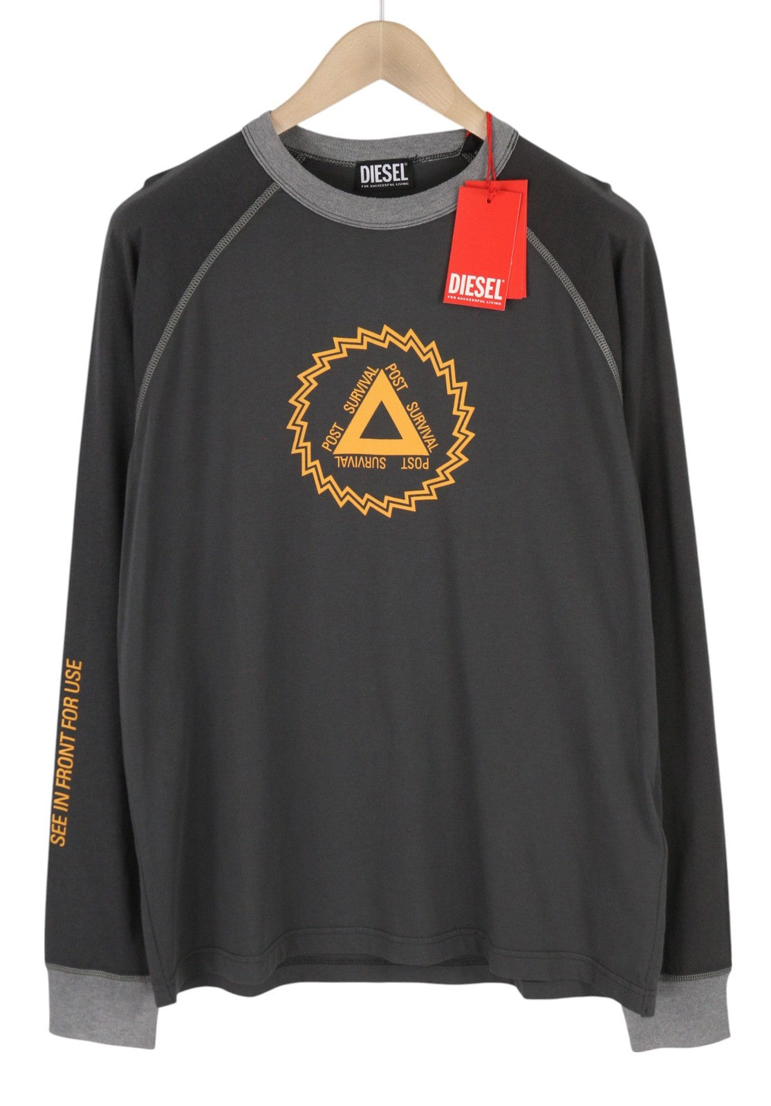 DIESEL T-Juslan-LS Men T-Shirt XL Grey Crew Neck Long Sleeve Stretch