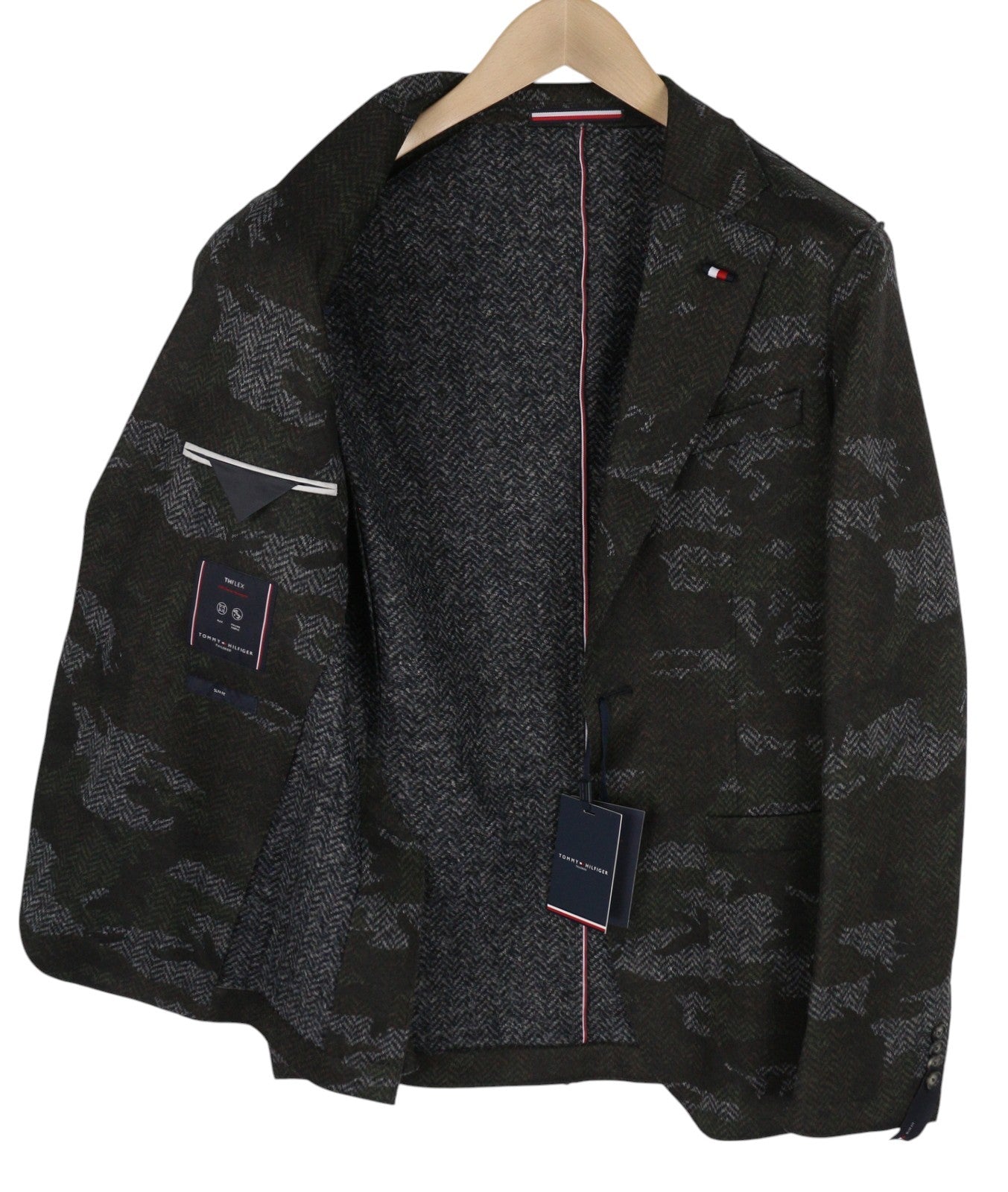 TOMMY HILFIGER Jersey Raw Cut Slim Men Blazer XS Camo Wool Blend THFlex
